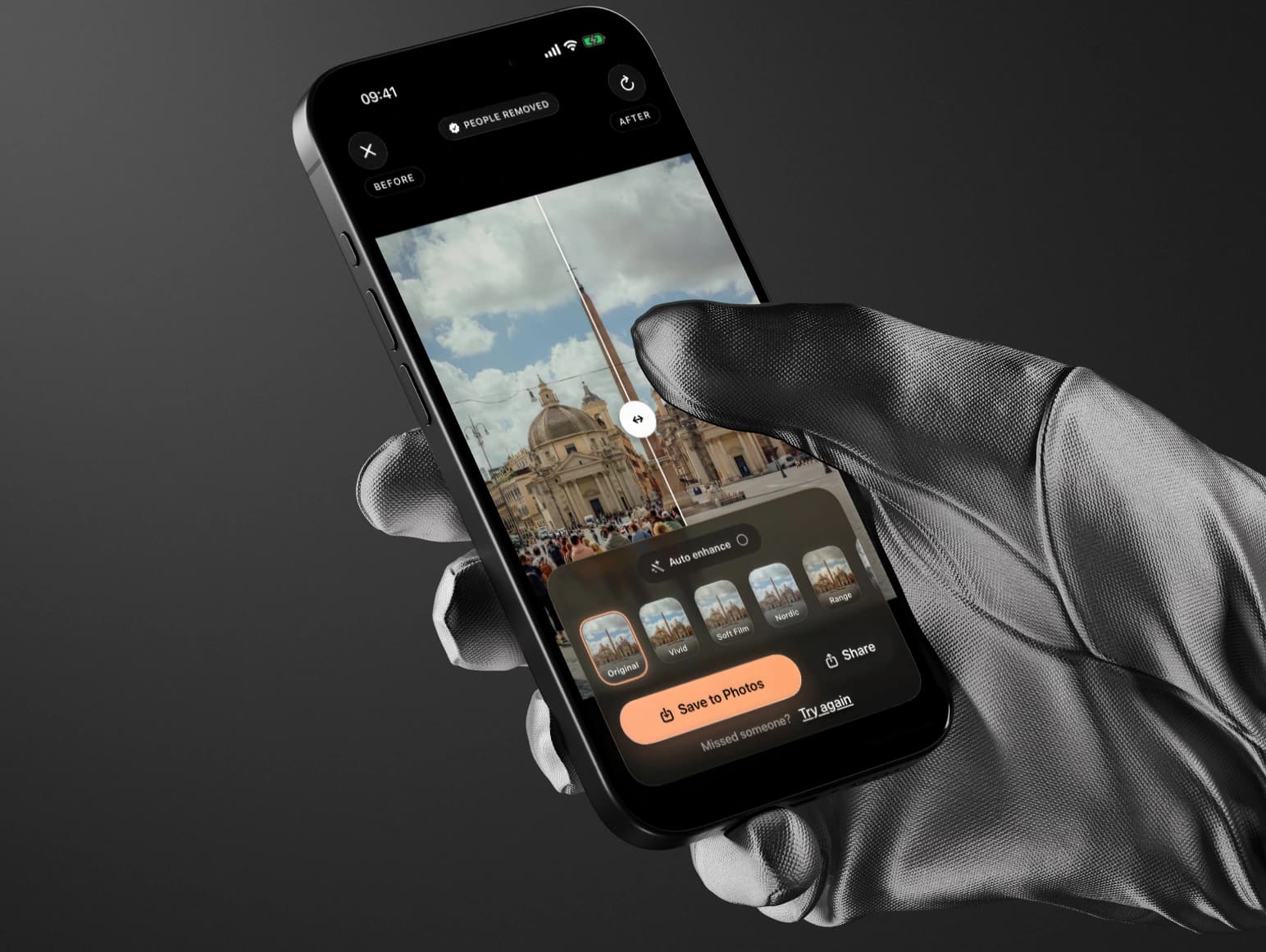 ClearShot on an iPhone in a gloved hand: people removed from a photo of Piazza del Popolo, before and after