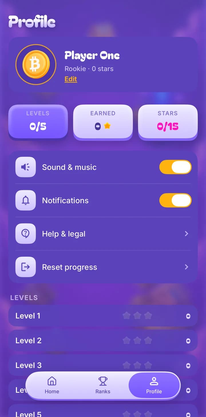 CryptoCrush iOS profile — player card, levels, earned and stars tiles, sound and notification settings