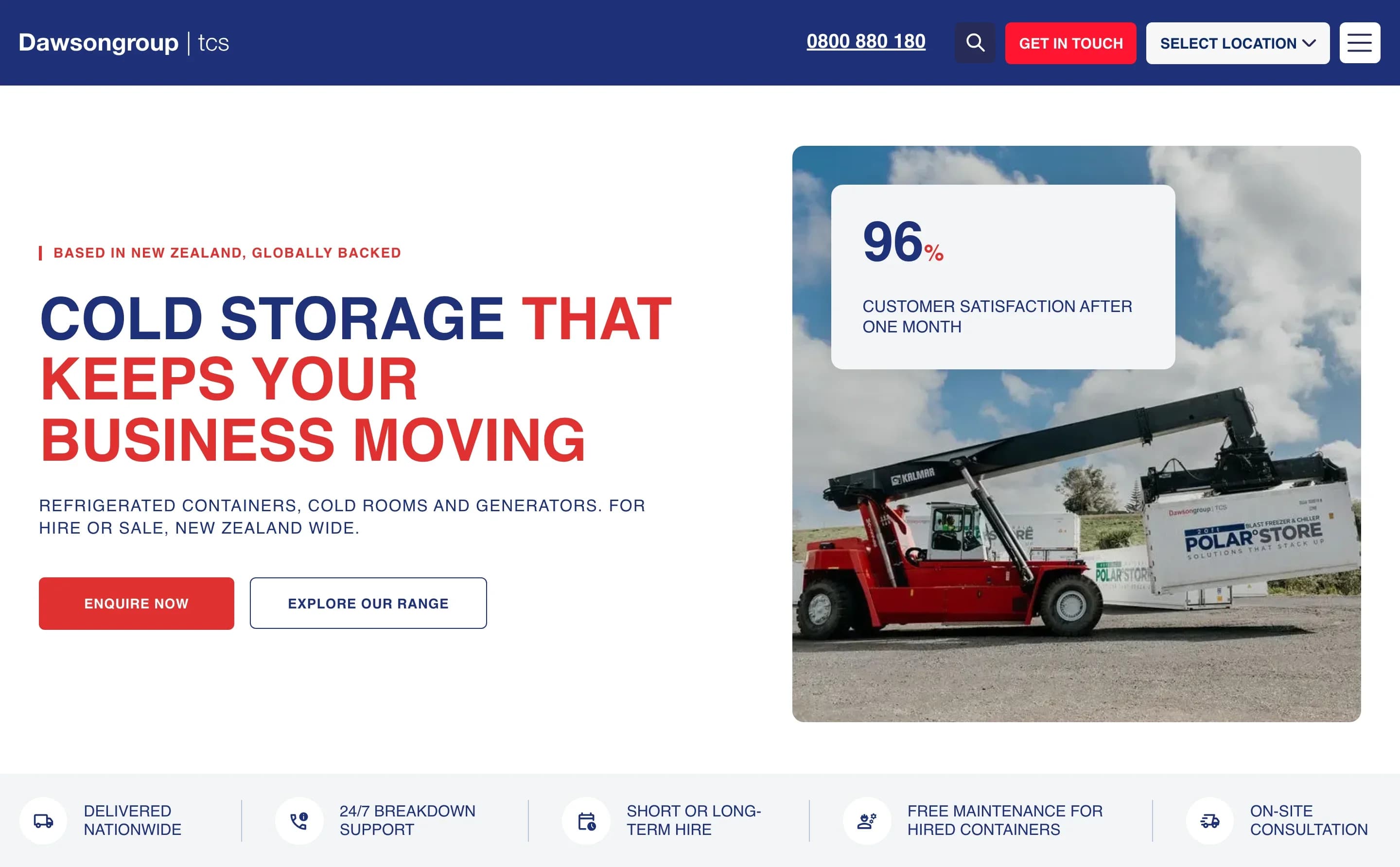 Dawsongroup TCS New Zealand homepage — Cold storage that keeps your business moving, with Enquire Now and Explore our range buttons, a 96% customer satisfaction card and the benefits strip