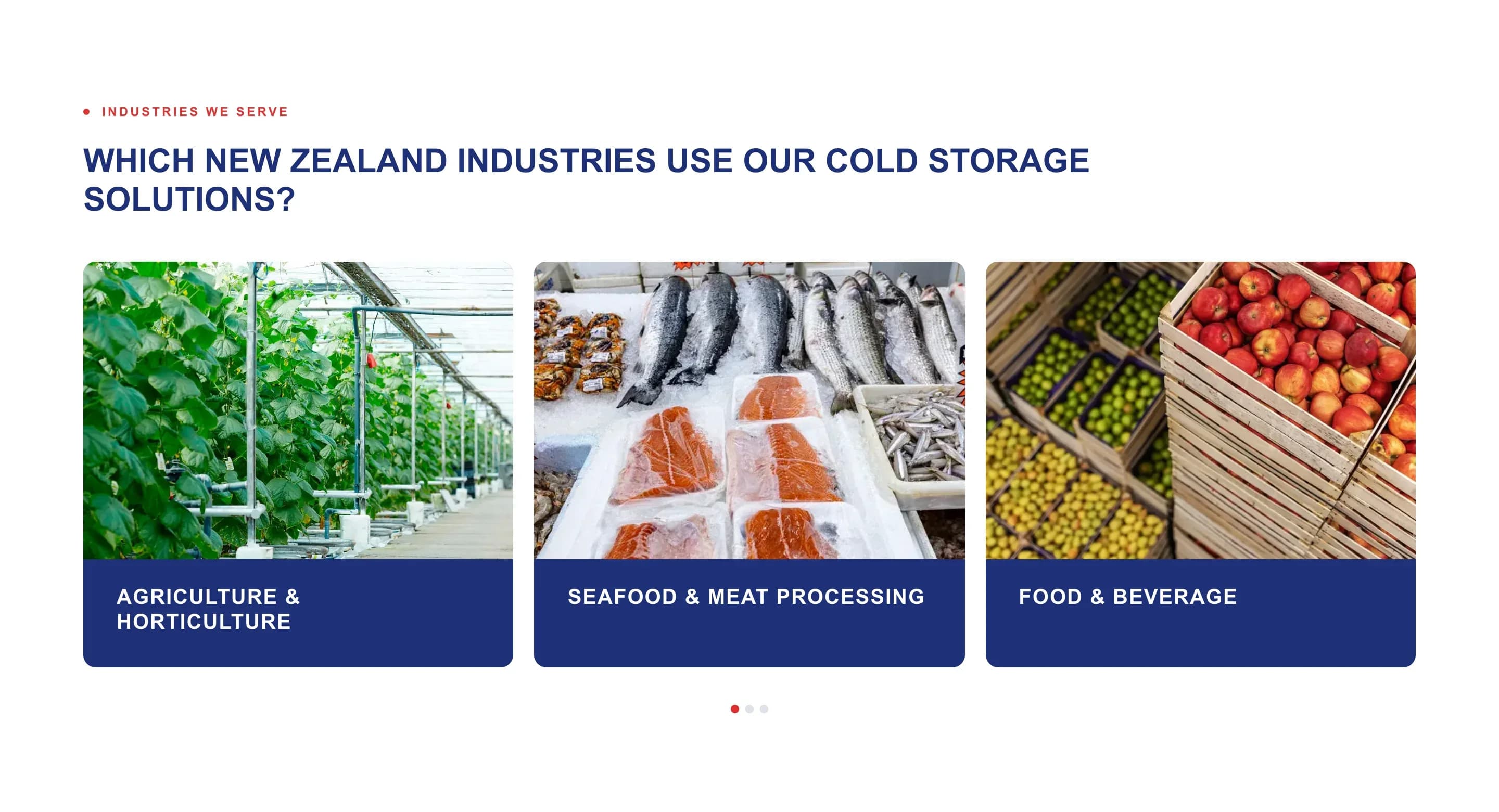 Industries we serve — New Zealand industries including agriculture and horticulture, seafood and meat processing, and food and beverage