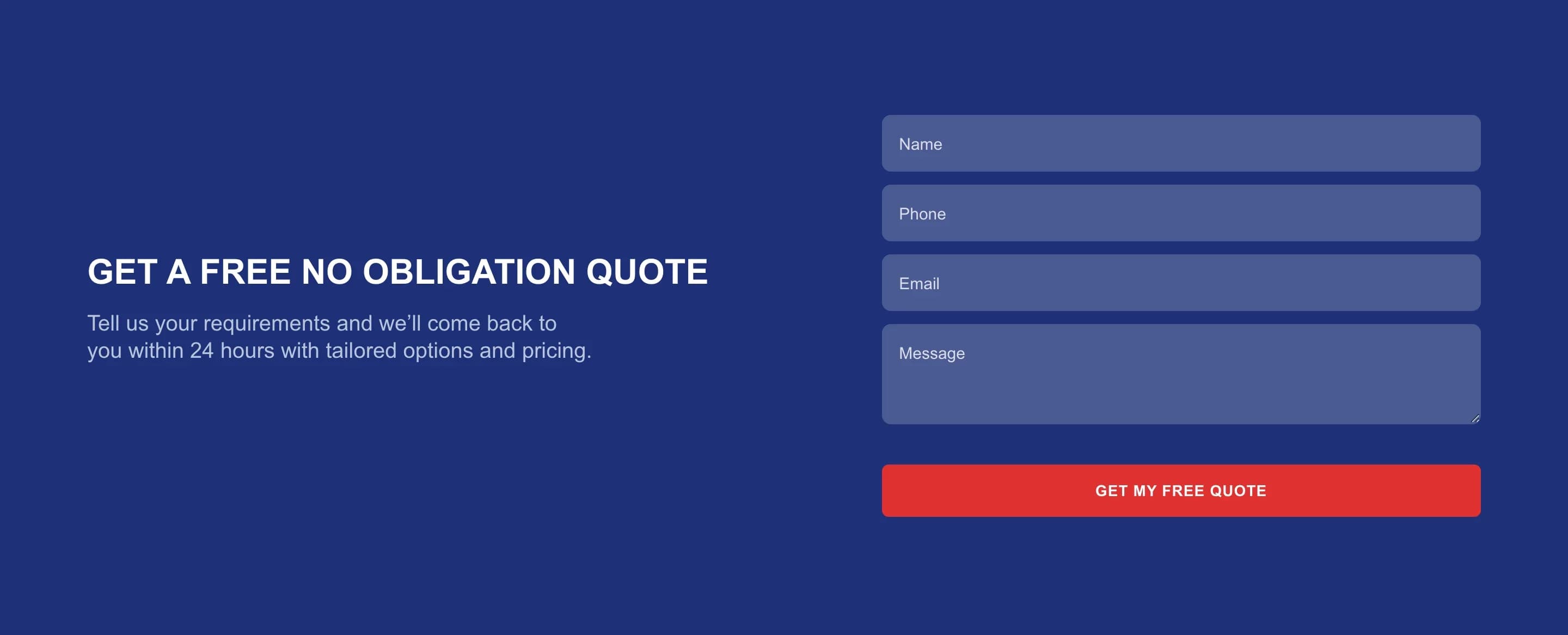 Get a free no obligation quote — name, phone, email and message fields with a Get my free quote button