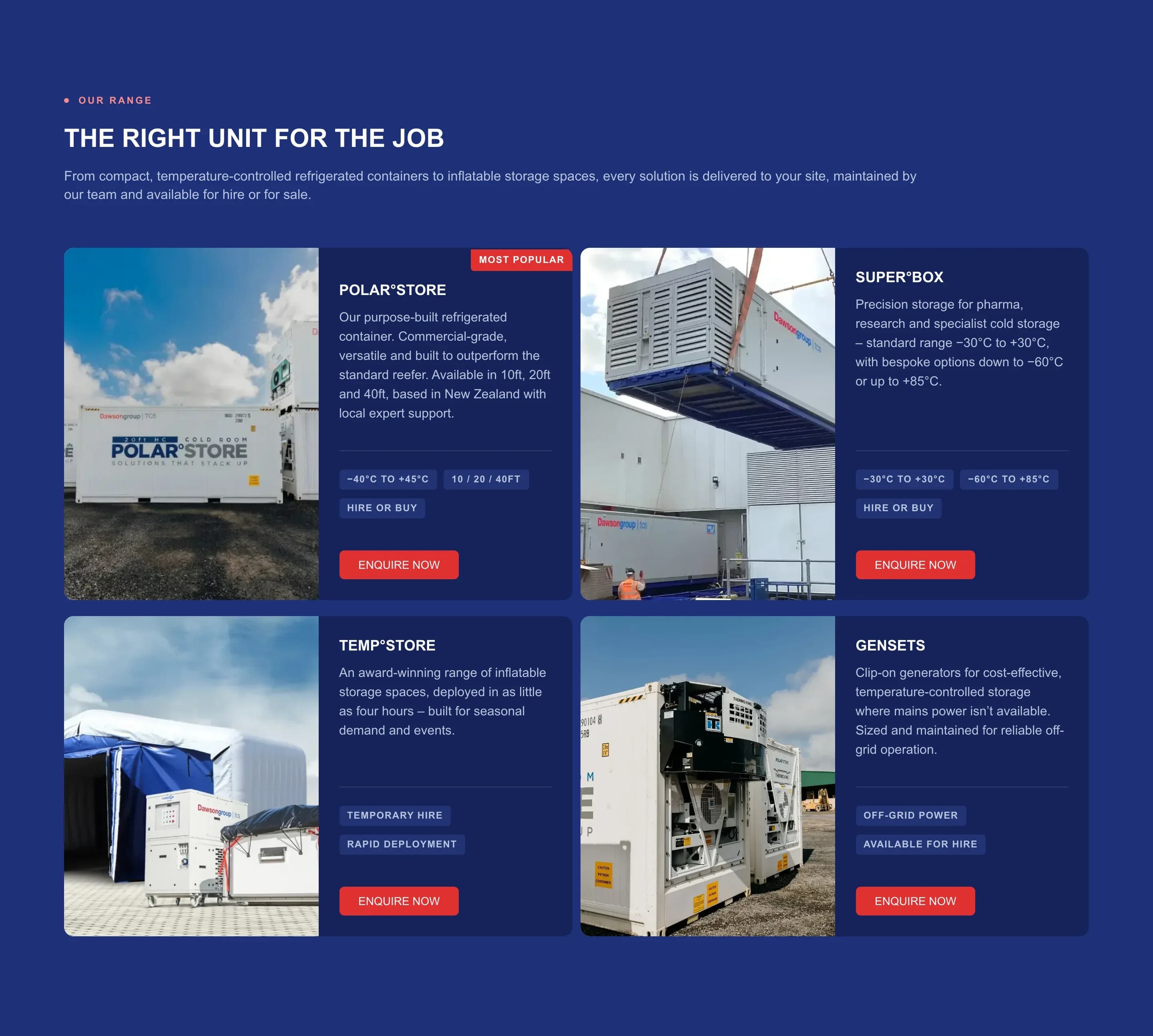 The right unit for the job — Polar°Store, Super°Box, Temp°Store and Gensets cards with temperature and size chips and an Enquire Now button on each