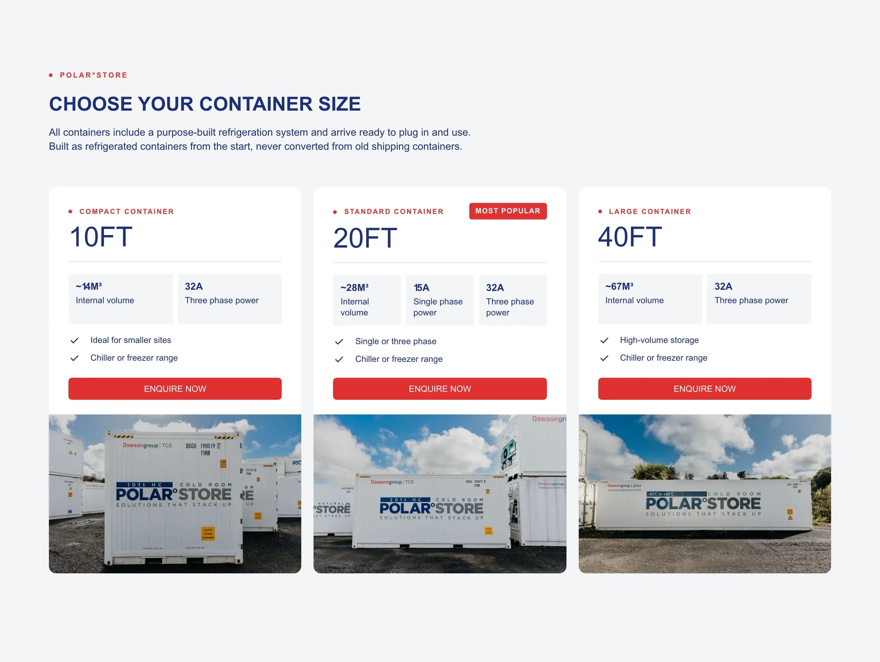 Choose your container size — 10ft, 20ft and 40ft Polar°Store cards with internal volume, power and Enquire Now buttons, 20ft marked Most popular