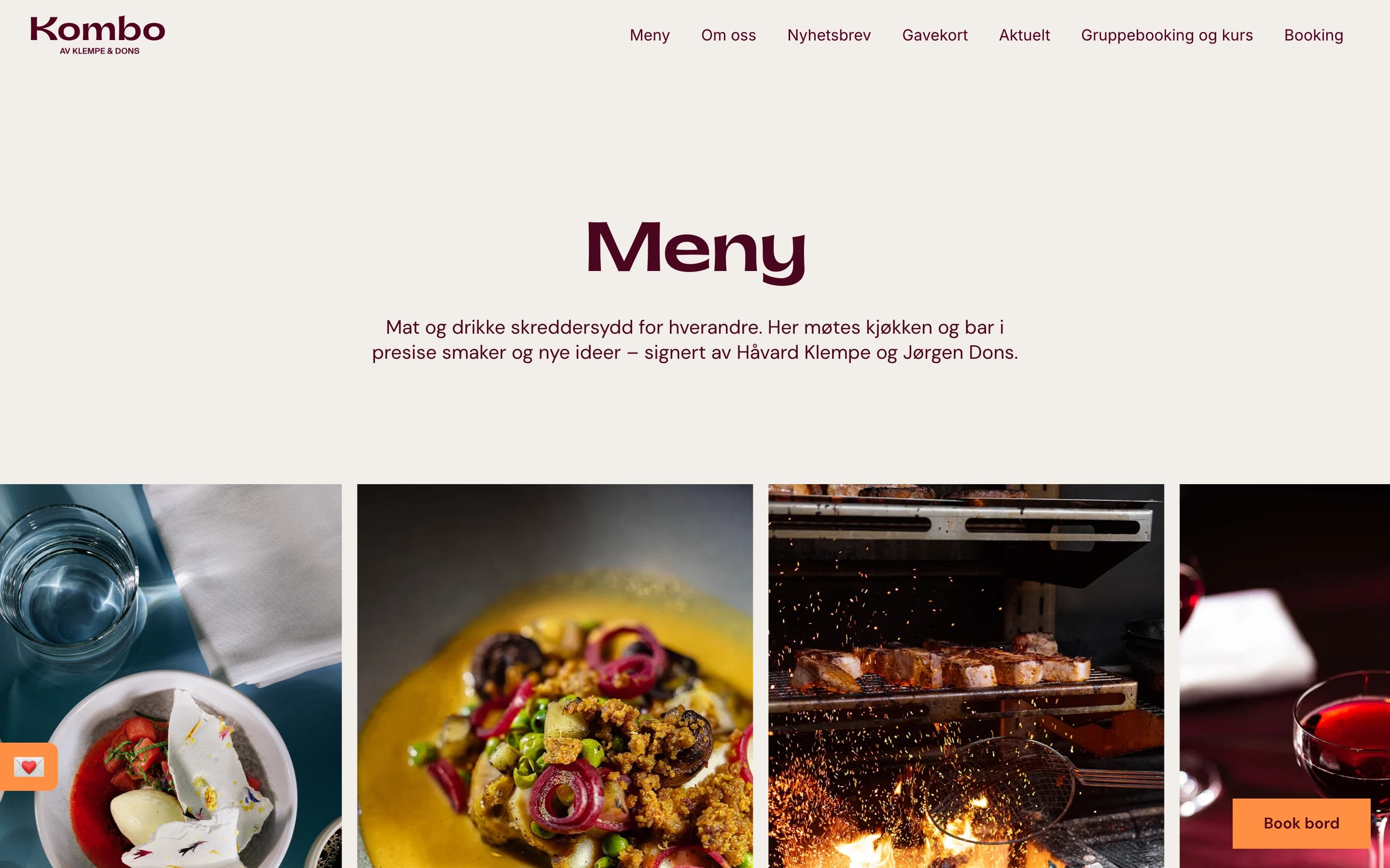 Kombo Meny page — the Meny heading over a row of dish photos