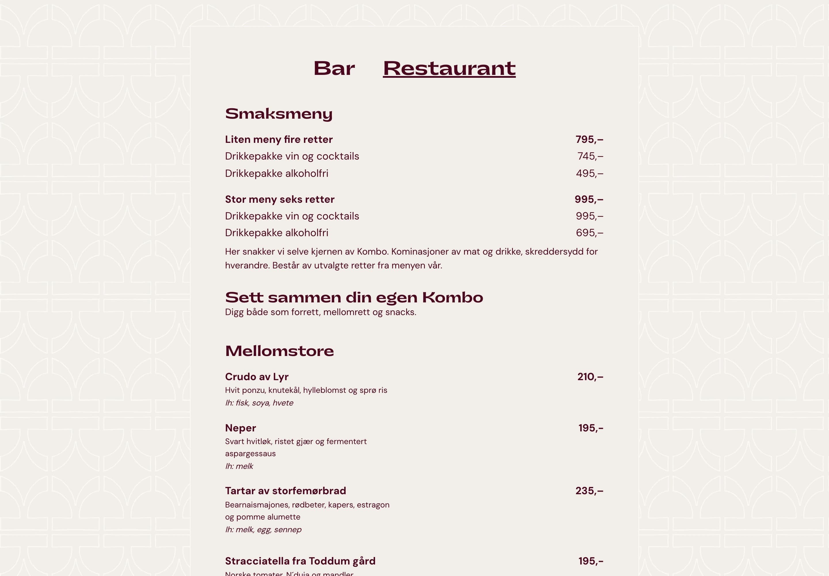 Kombo menu with Bar and Restaurant tabs — Smaksmeny, Sett sammen din egen Kombo and Mellomstore dishes with prices