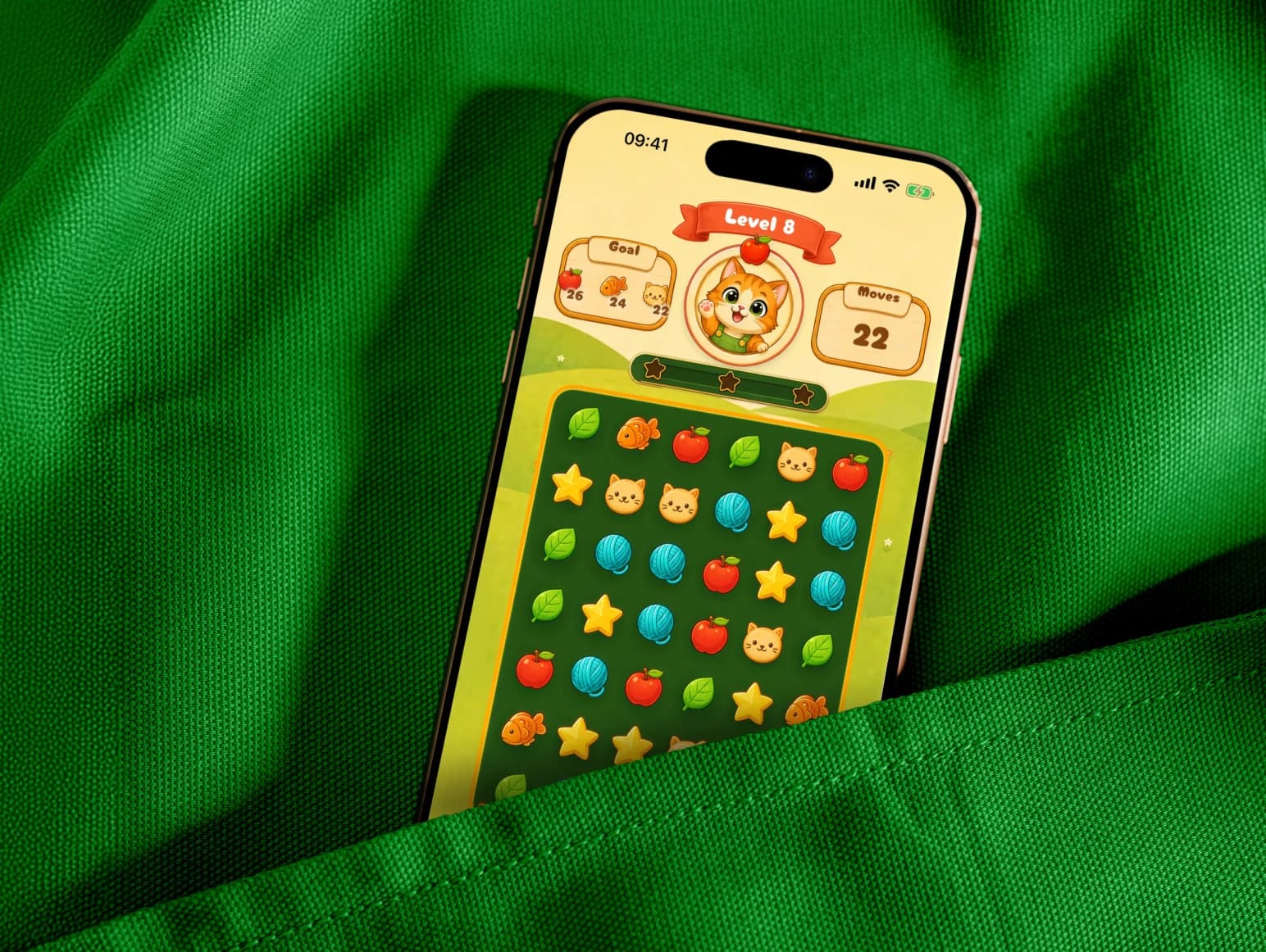 Meowzy cat match-three game on an iPhone in a green canvas pocket