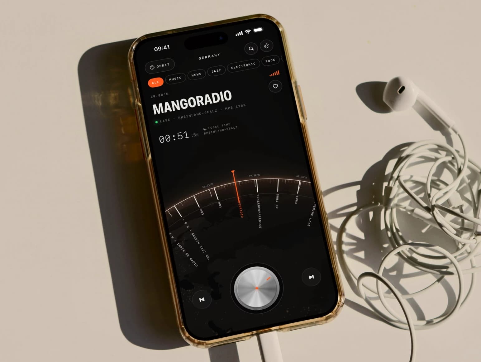 Meridian Radio on an iPhone with wired earphones: the tuner dial on a German station