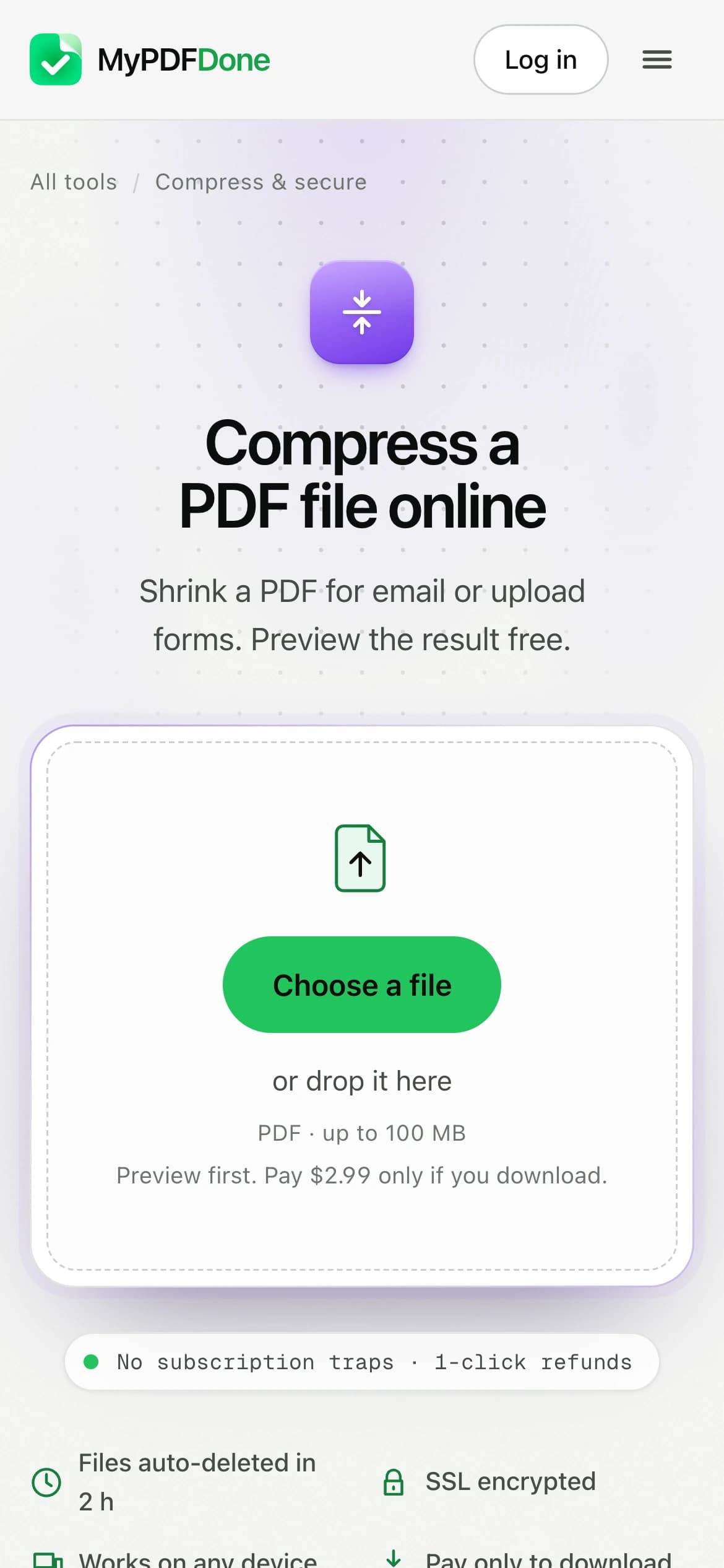 MyPDFDone Compress PDF page on a phone: the violet tool tile, the upload box and the green Choose a file button
