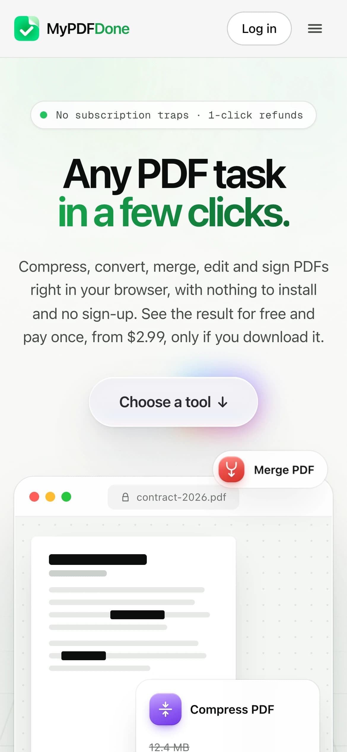 MyPDFDone homepage on a phone: the headline, the No subscription traps badge and the Choose a tool button