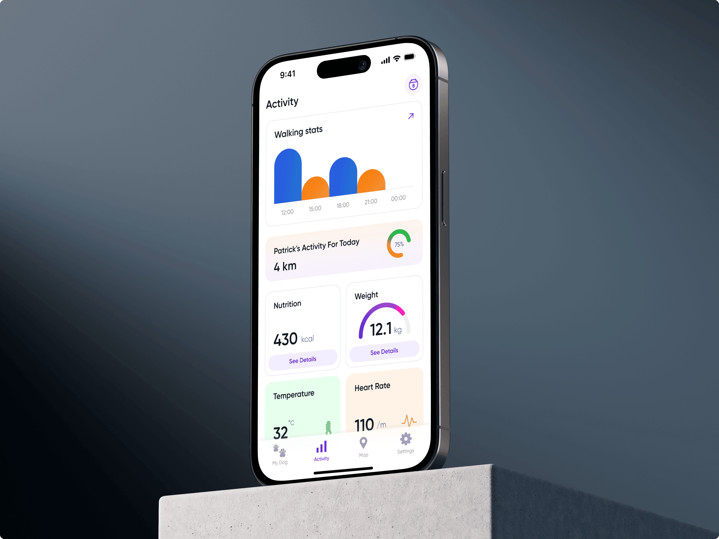 Petly app dashboard and smart collar data screens