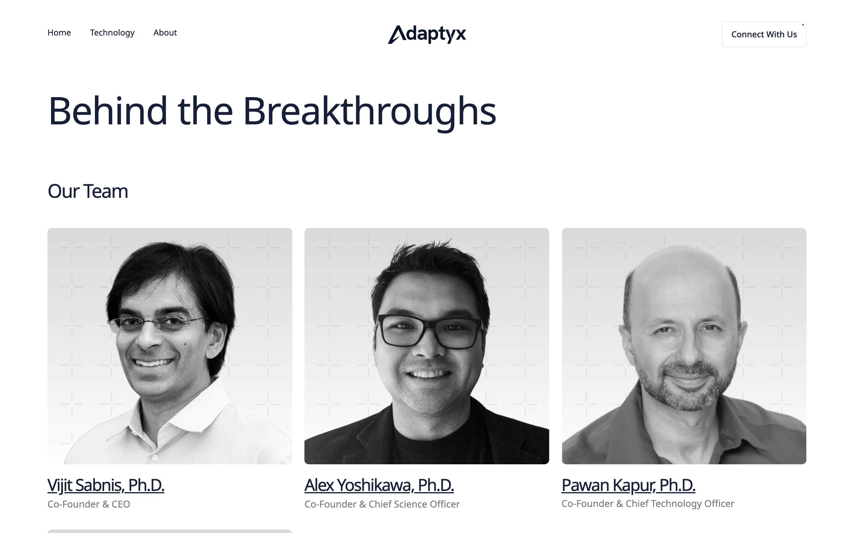 Adaptyx About Us page: the team behind the breakthroughs