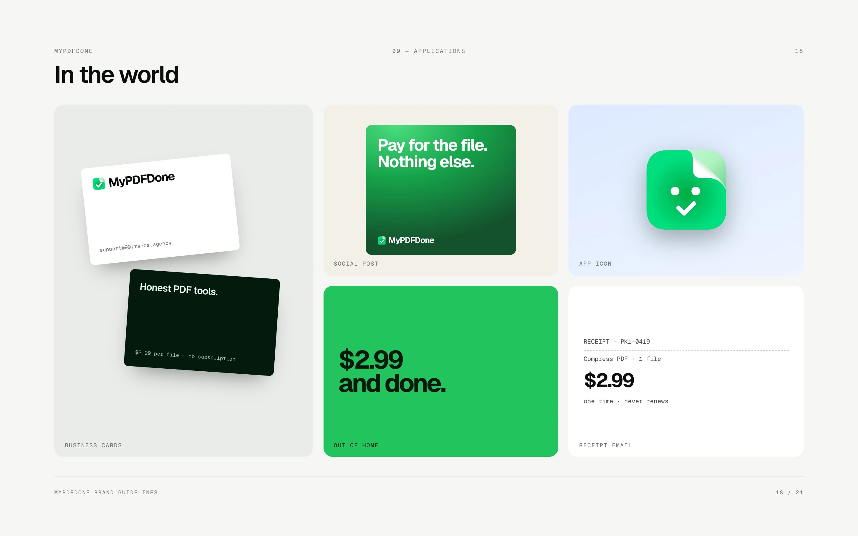 MyPDFDone applications: business cards, a social post, the app icon, an out-of-home poster reading $2.99 and done, and a receipt email