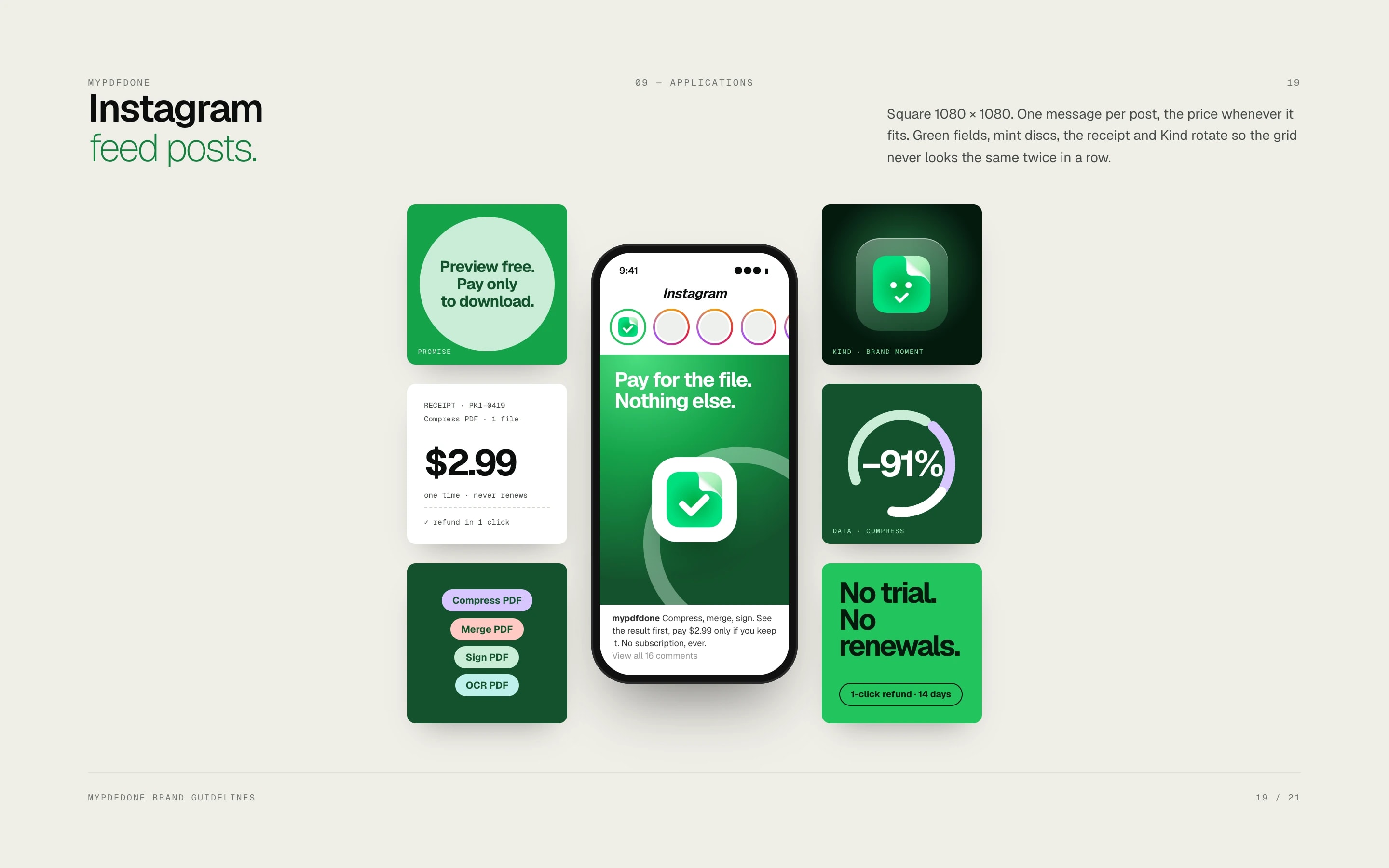 MyPDFDone Instagram feed posts around a phone: Preview free, a $2.99 receipt, tool chips, Kind on green and No trial, No renewals