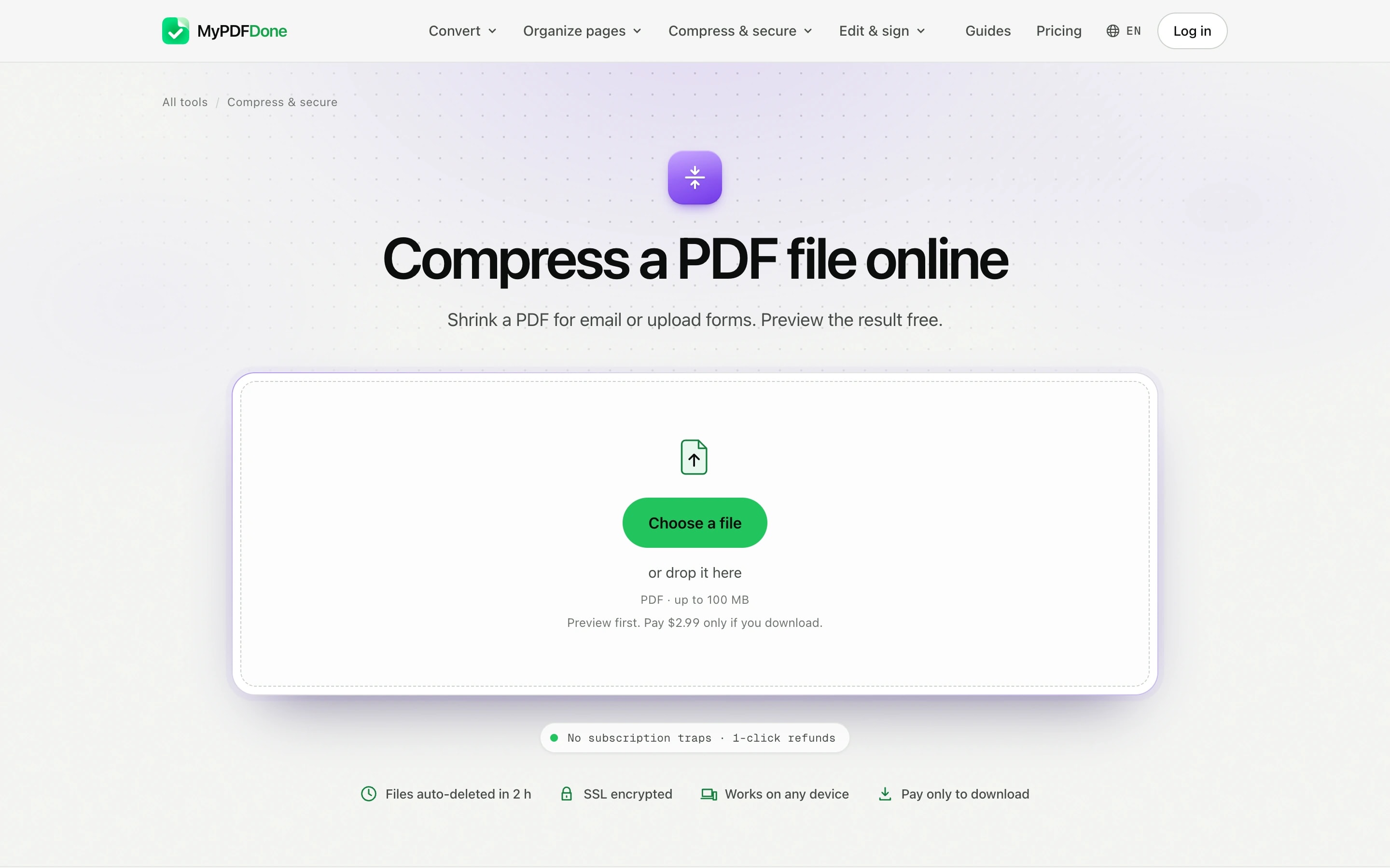MyPDFDone Compress PDF page: the violet Compress tile, an upload box with a green Choose a file button and the line Preview first, pay $2.99 only if you download