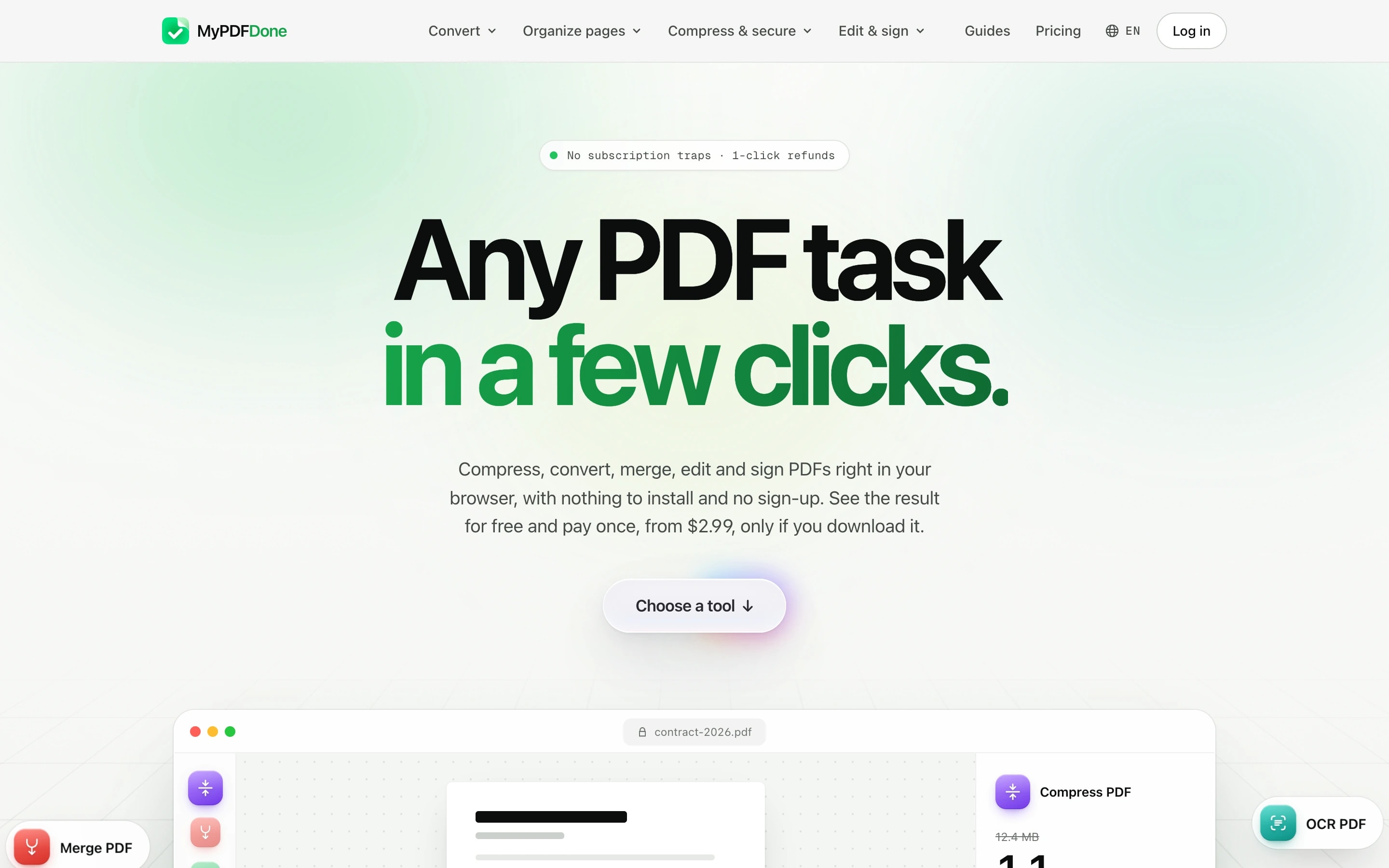 The MyPDFDone homepage: the headline Any PDF task in a few clicks, a No subscription traps badge, the Choose a tool button and an editor preview with tool tiles