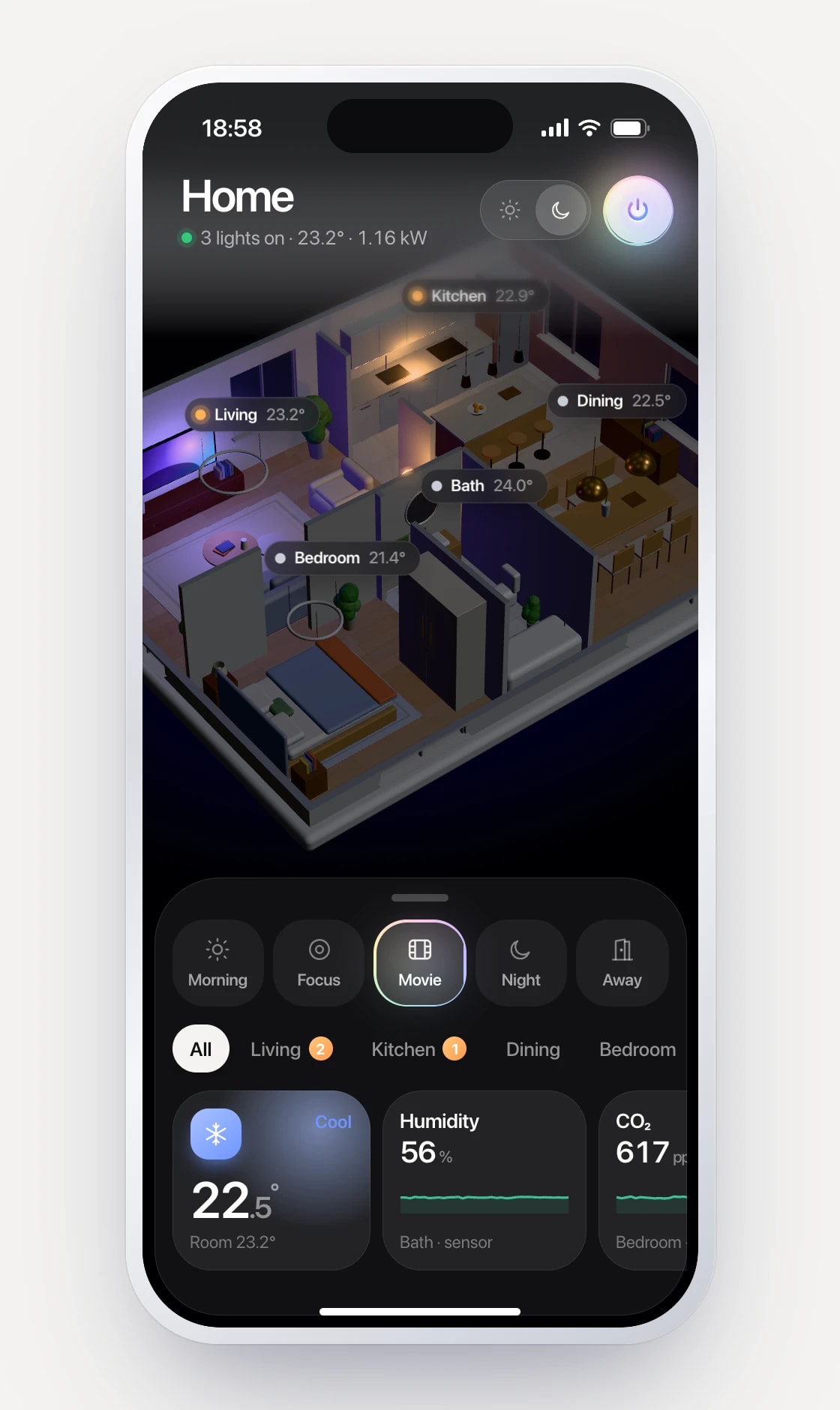 Digital twin mobile app: the 3D apartment with scenes, room filters and device tiles