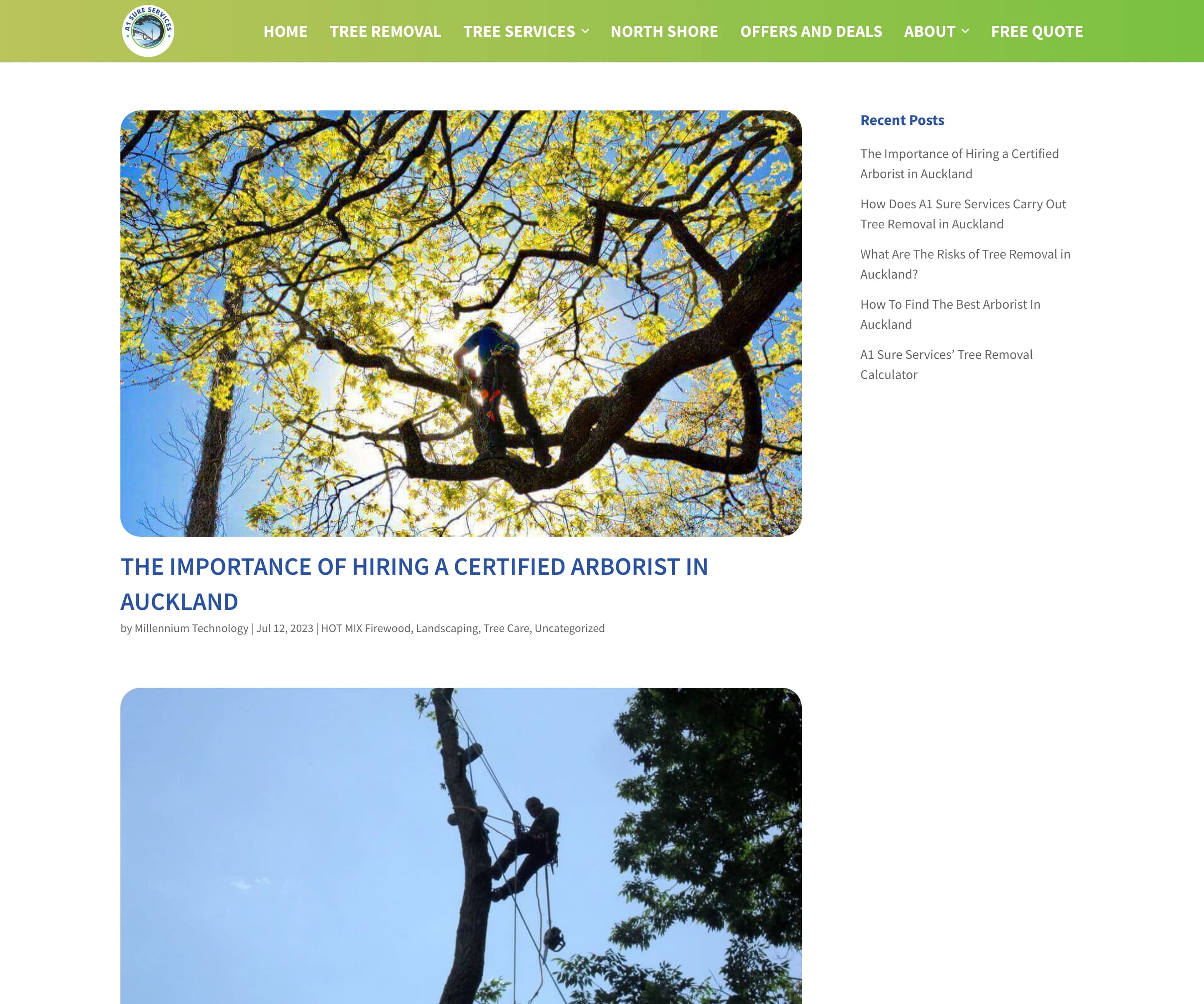 A1 Sure Services blog index on Webflow — post cards with photos, uppercase titles and dates, with a Recent Posts sidebar
