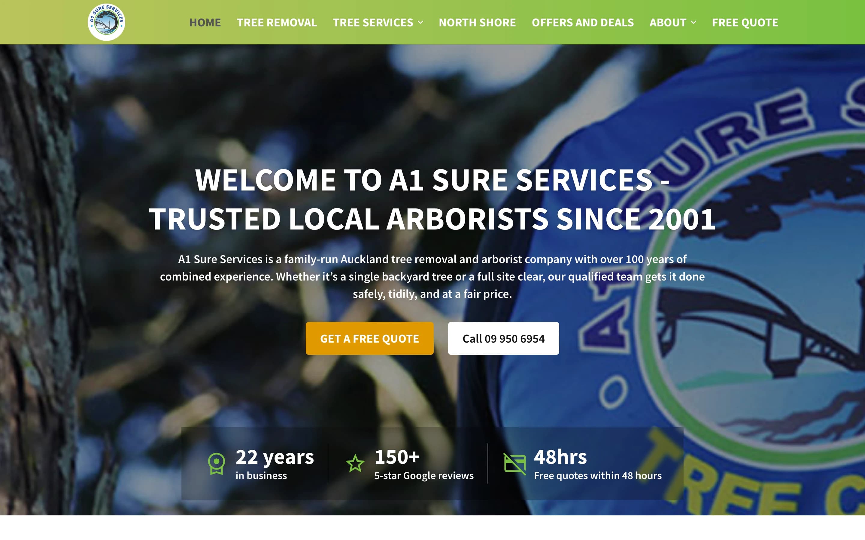 A1 Sure Services homepage on Webflow — Welcome to A1 Sure Services, trusted local arborists since 2001, with Get a free quote and call buttons and 22 years, 150+ reviews and 48-hour quote stats