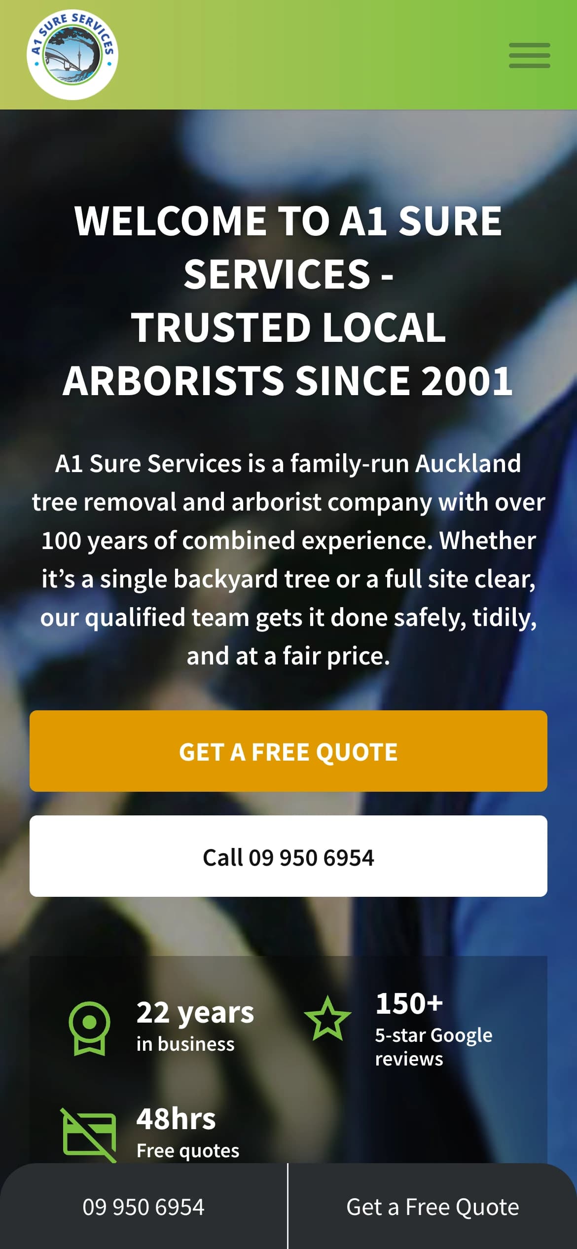 A1 Sure Services homepage on a phone — the hero with Get a free quote and call buttons, the stats panel and the call and quote bar