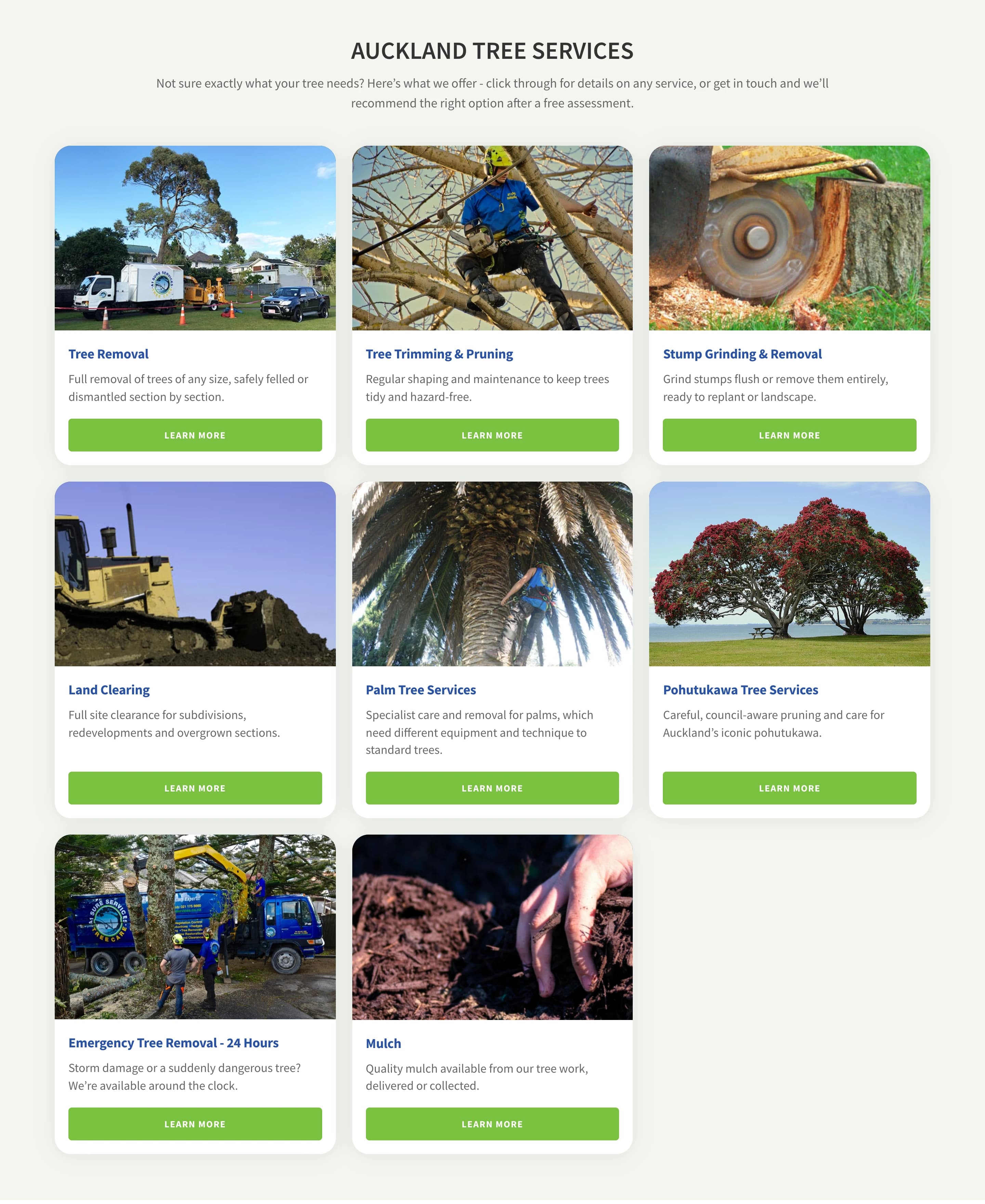 Auckland tree services grid — tree removal, tree trimming and pruning, stump grinding, land clearing, palm tree and pohutukawa cards with photos and Learn more buttons
