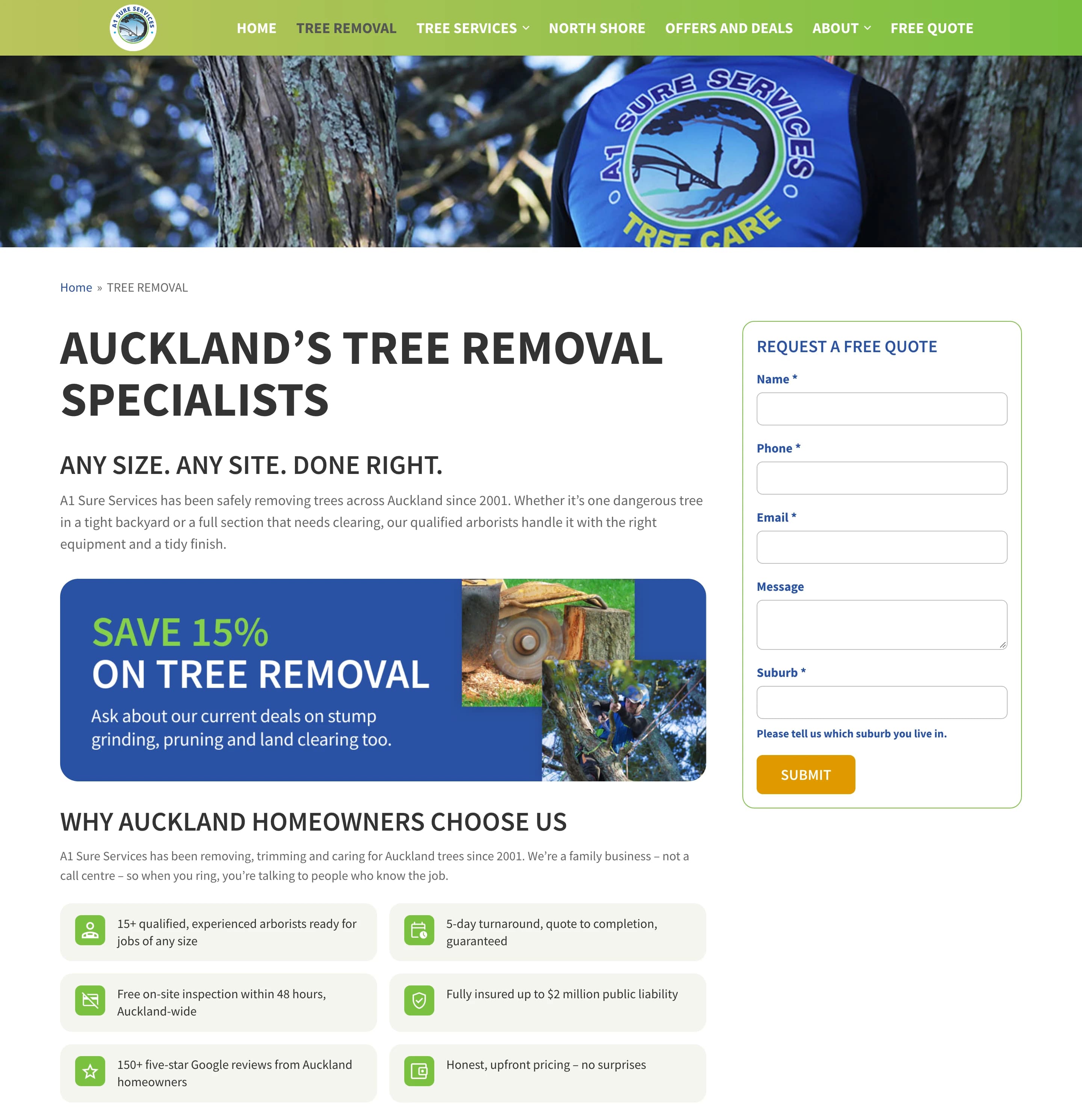 The rebuilt Tree removal page — Auckland's tree removal specialists, the Save 15% banner, why Auckland homeowners choose us, when a tree needs to be removed, and the free quote request beside it