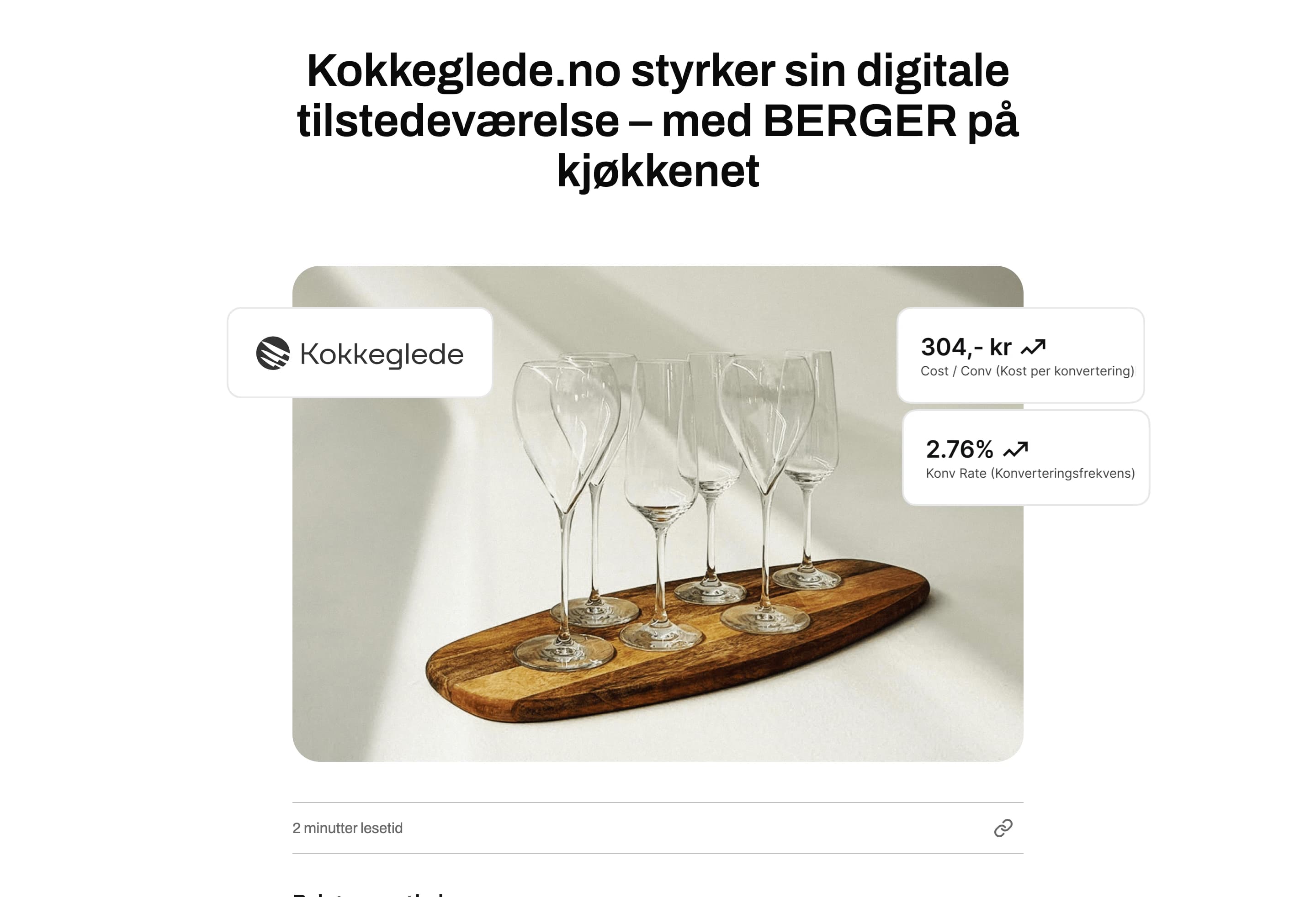A Våre samarbeid client story — Kokkeglede.no styrker sin digitale tilstedeværelse med BERGER på kjøkkenet, with a product photo and results