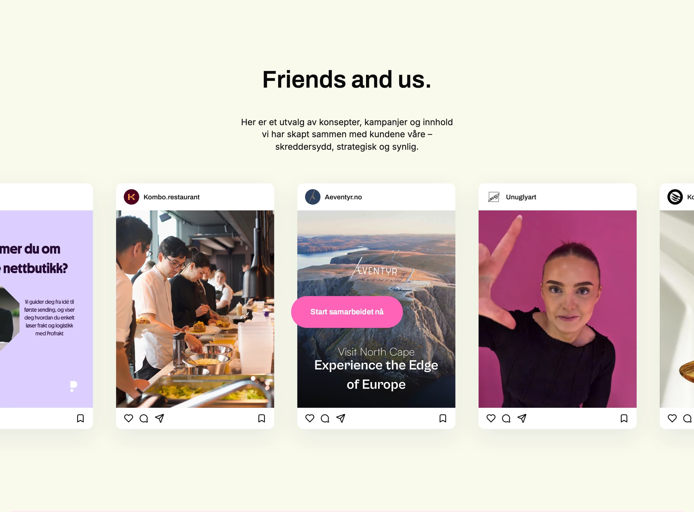 Friends and us — a slider of client work cards styled like social posts
