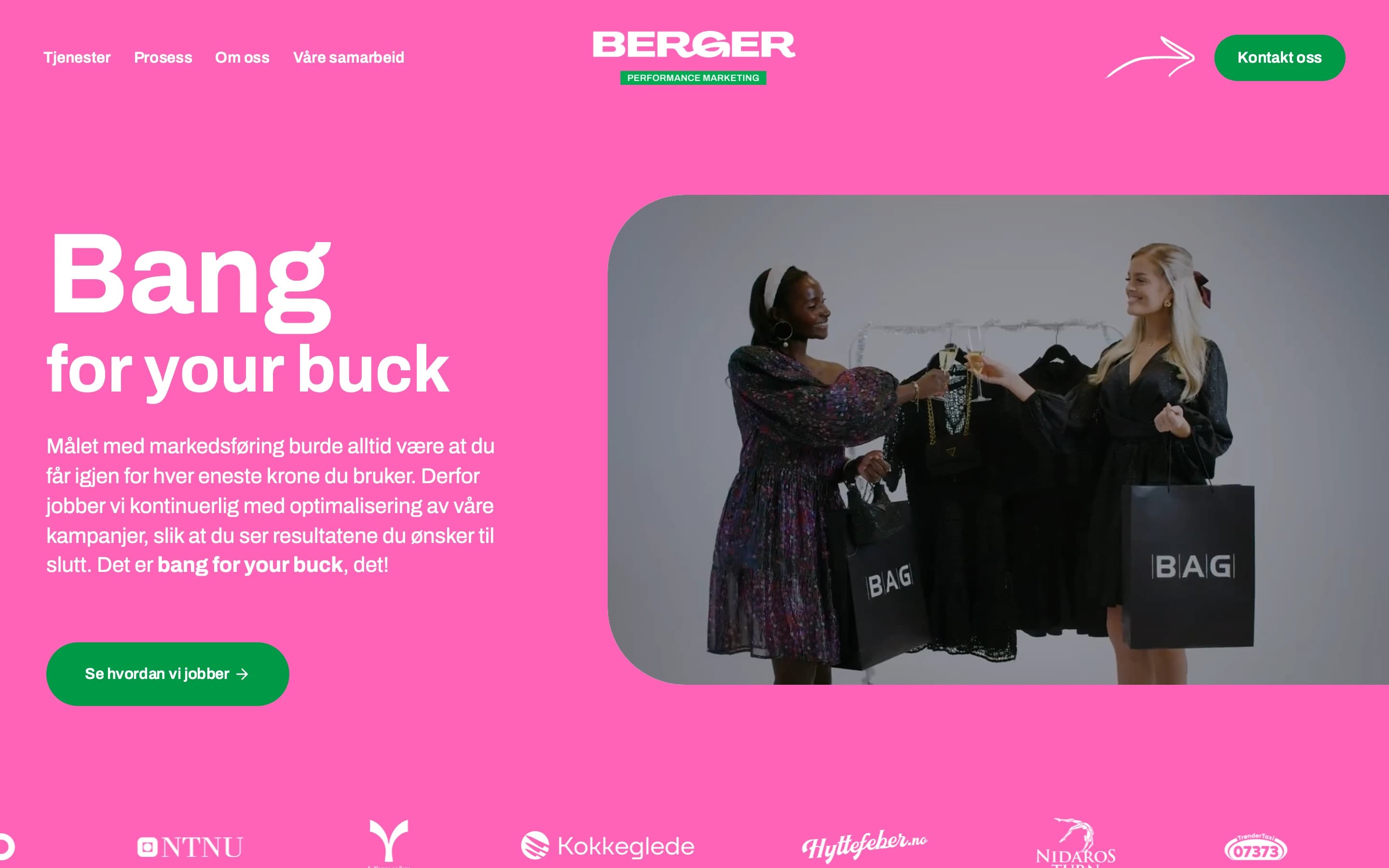 Berger Marketing home page — Bang for your buck on the brand pink, a video hero and a green Se hvordan vi jobber button