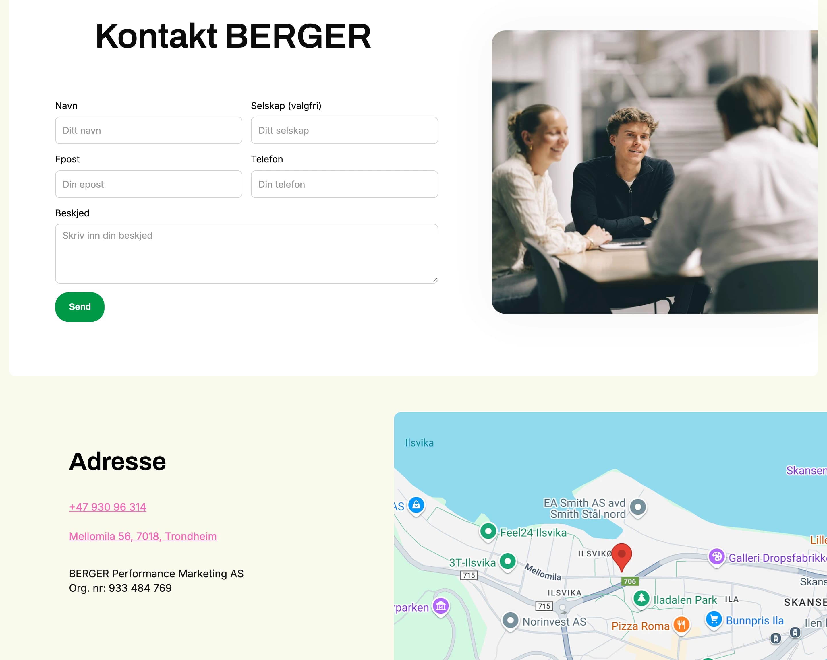 Kontakt BERGER — a contact form with name, company, email, phone and message, beside a photo, and the Trondheim address with a map