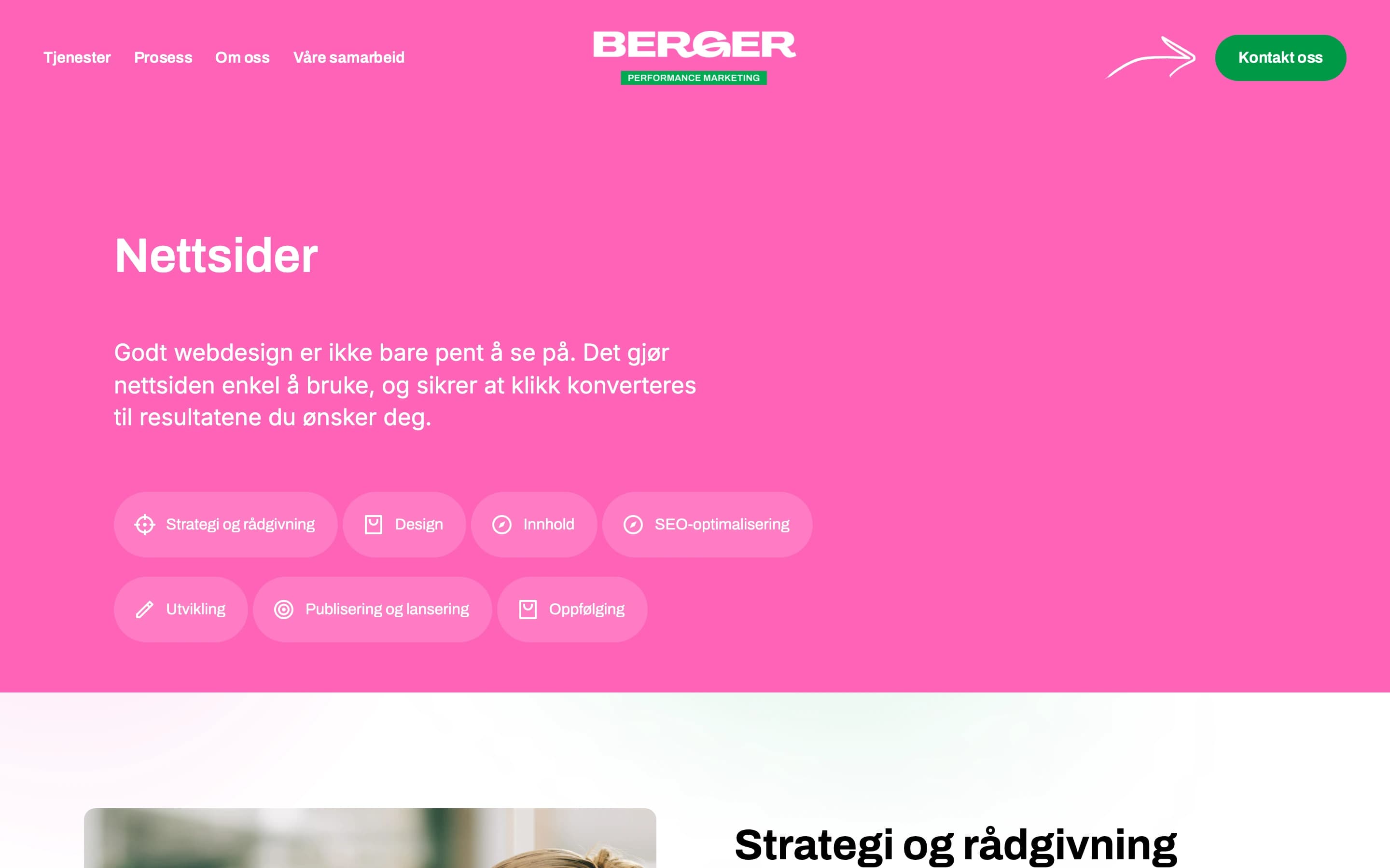 Berger Nettsider service page — pink hero with service tags for strategy, design, content and SEO