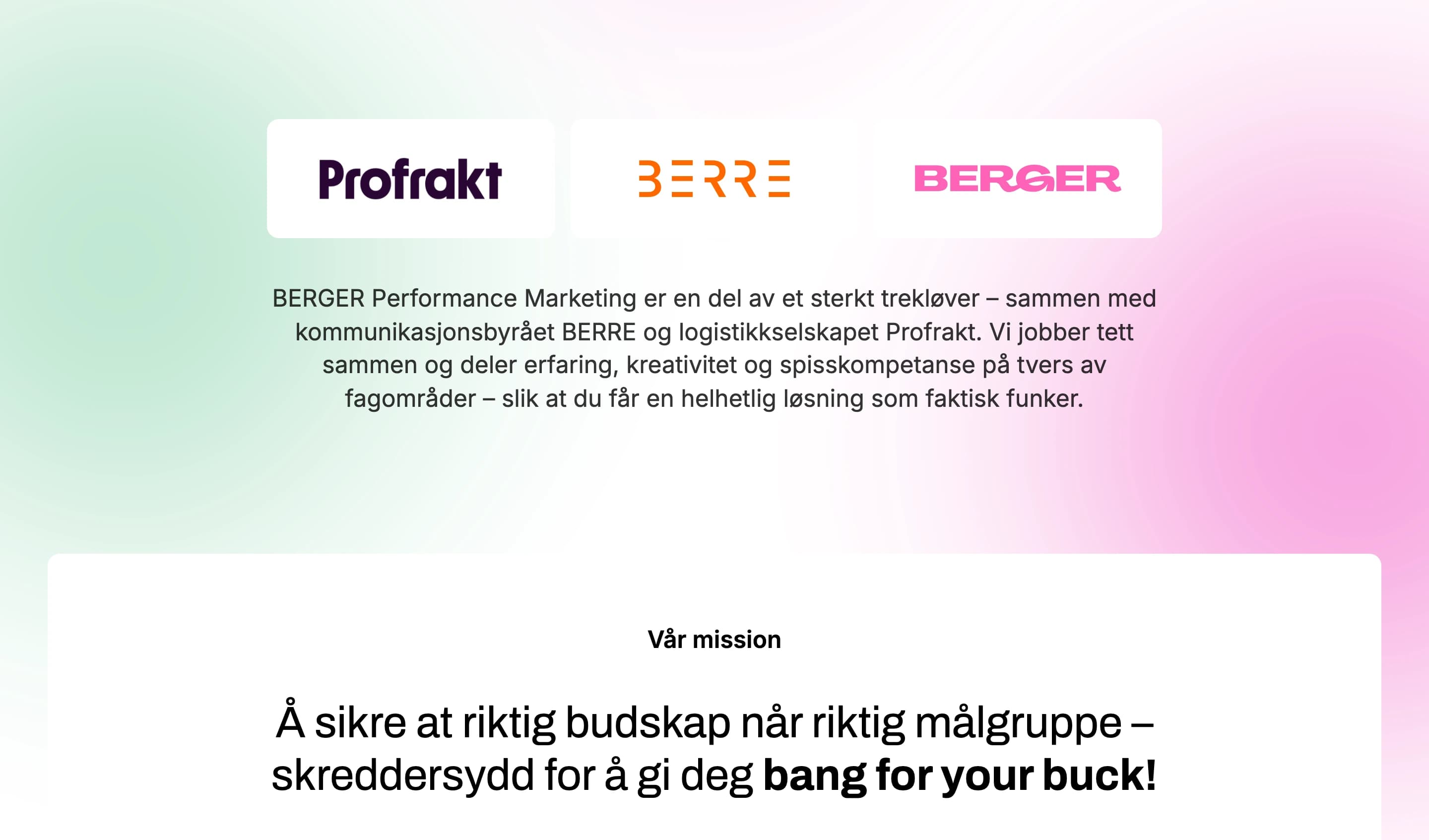 Berger Om oss page — the Profrakt, BERRE and BERGER logos side by side, above the mission statement