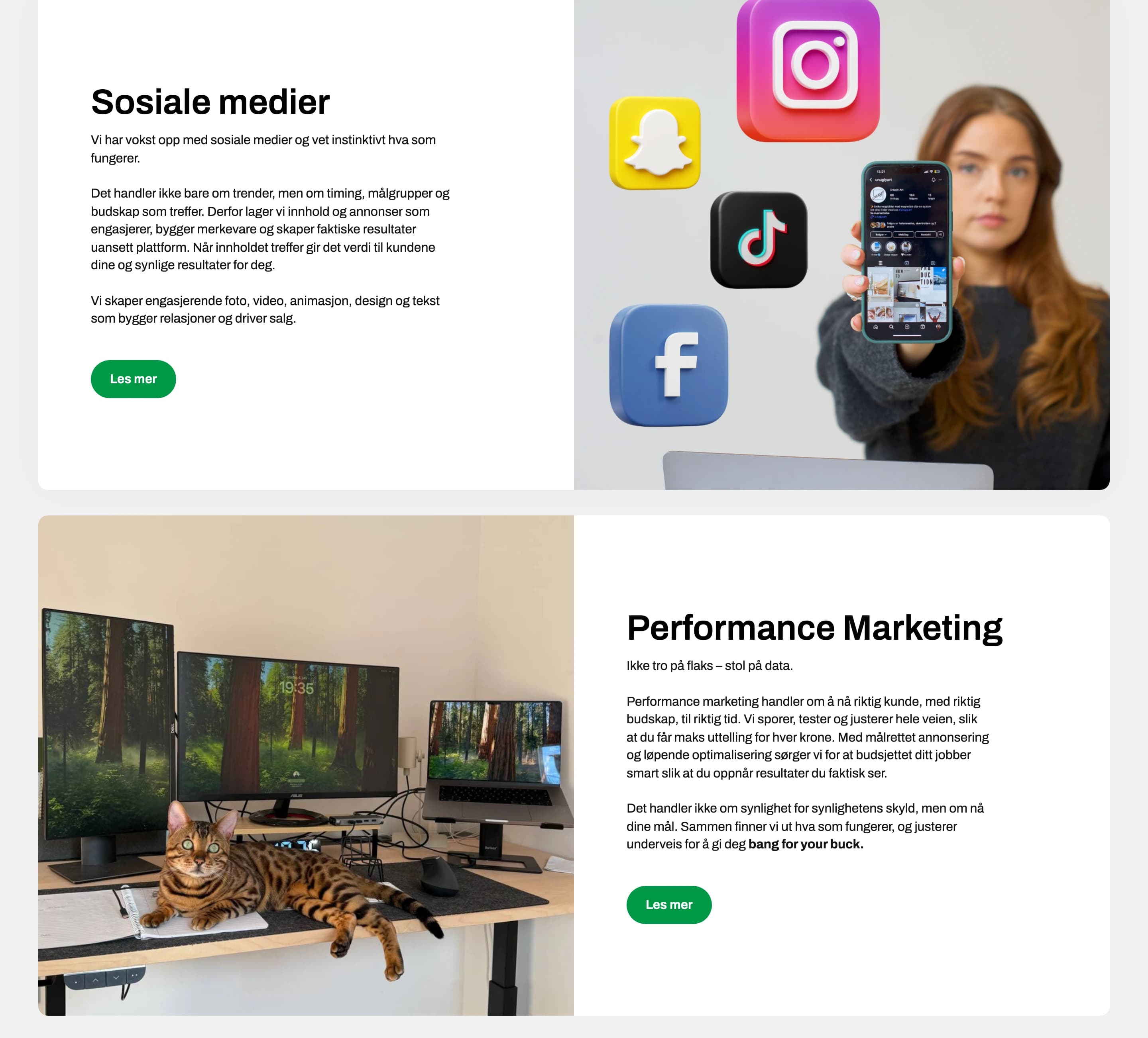 Berger services page — Sosiale medier and Performance Marketing blocks, each with a photo and a green Les mer button