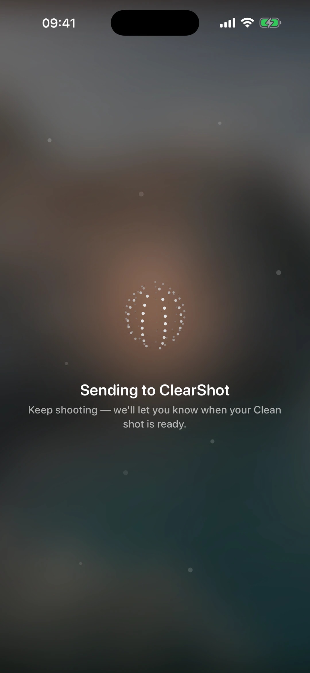 The processing screen — Sending to ClearShot, keep shooting, we'll let you know when your Clean shot is ready