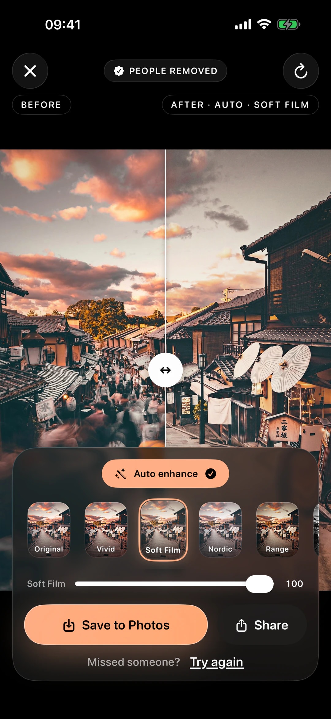 A Kyoto result with Auto enhance on and the Soft Film look at full strength, with Save to Photos and Share