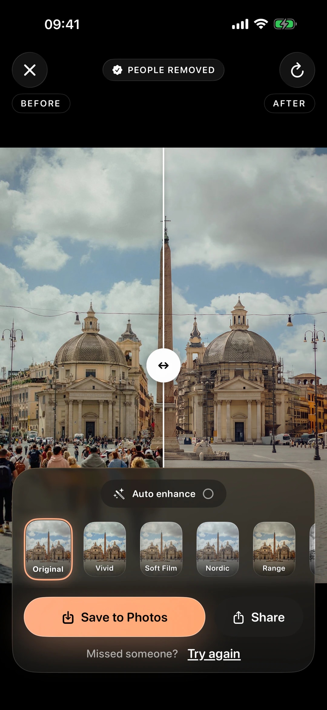 The result screen for Piazza del Popolo — people removed, with a before and after slider, Auto enhance, looks and Save to Photos