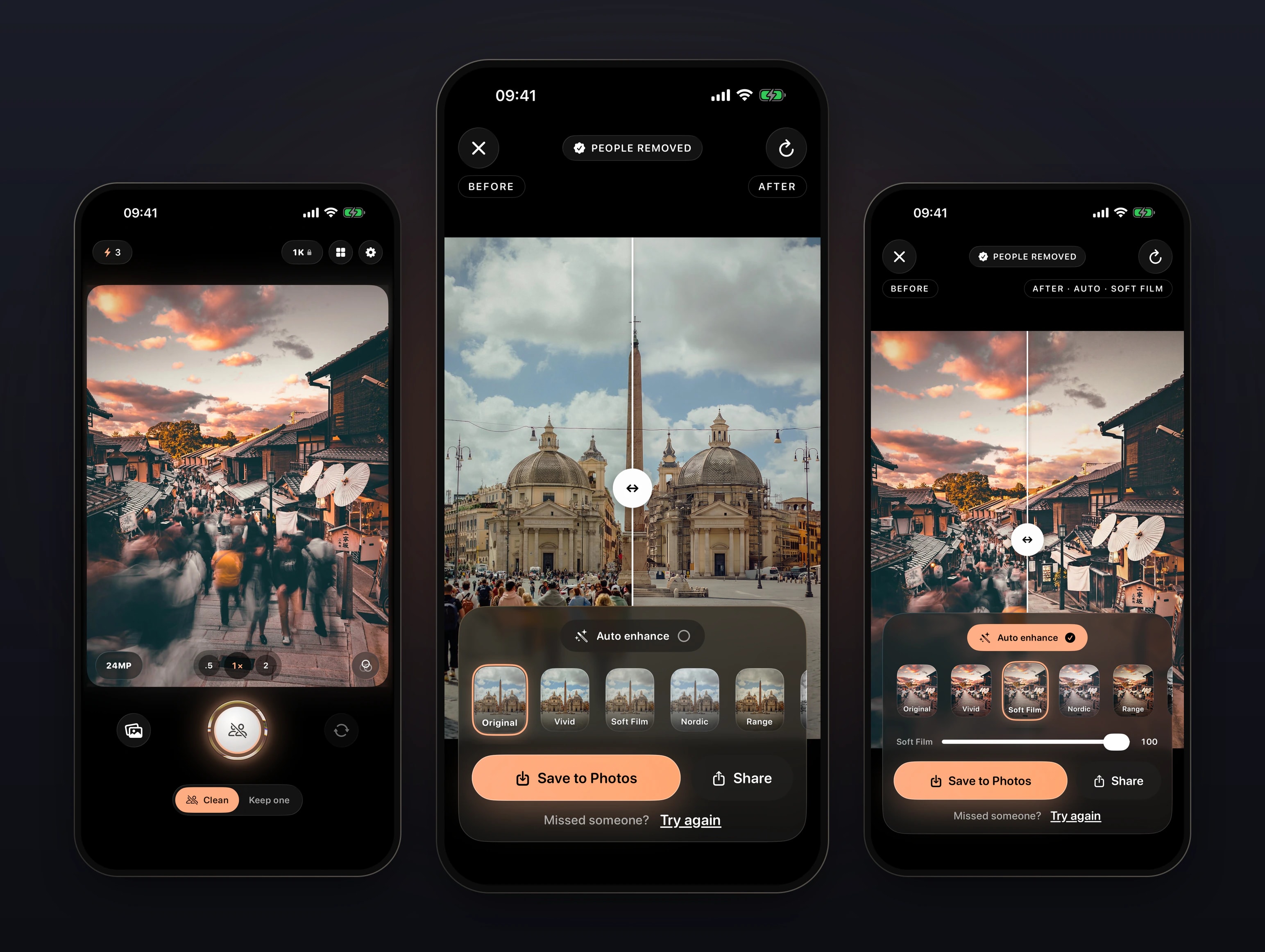 ClearShot on three iPhones — the result screen in the middle with Piazza del Popolo half crowded, half empty, the Clean camera on a busy Kyoto street on the left and a Kyoto result with Auto enhance and the Soft Film look on the right