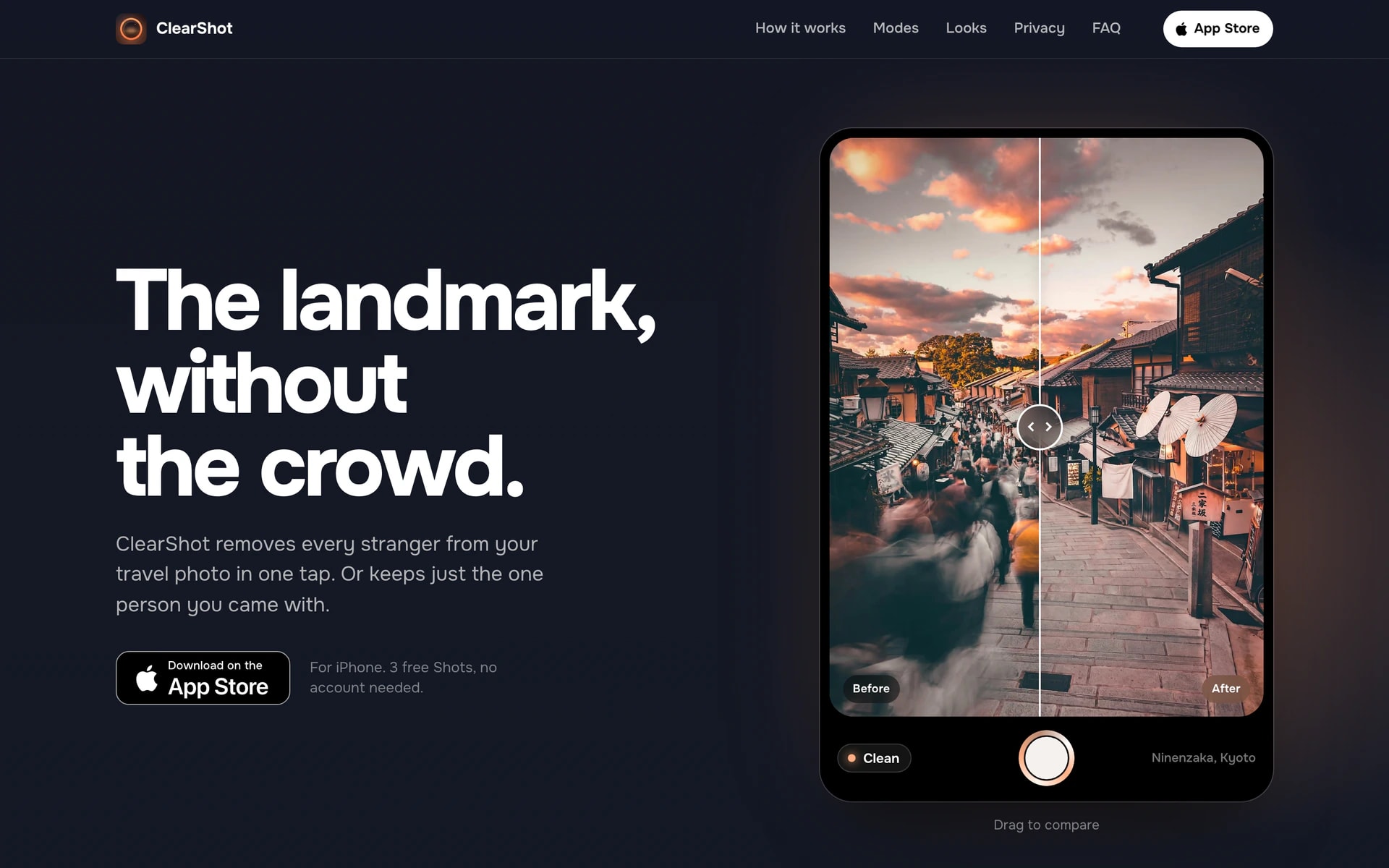 The ClearShot landing page hero — The landmark, without the crowd, with a before and after slider of a Kyoto street