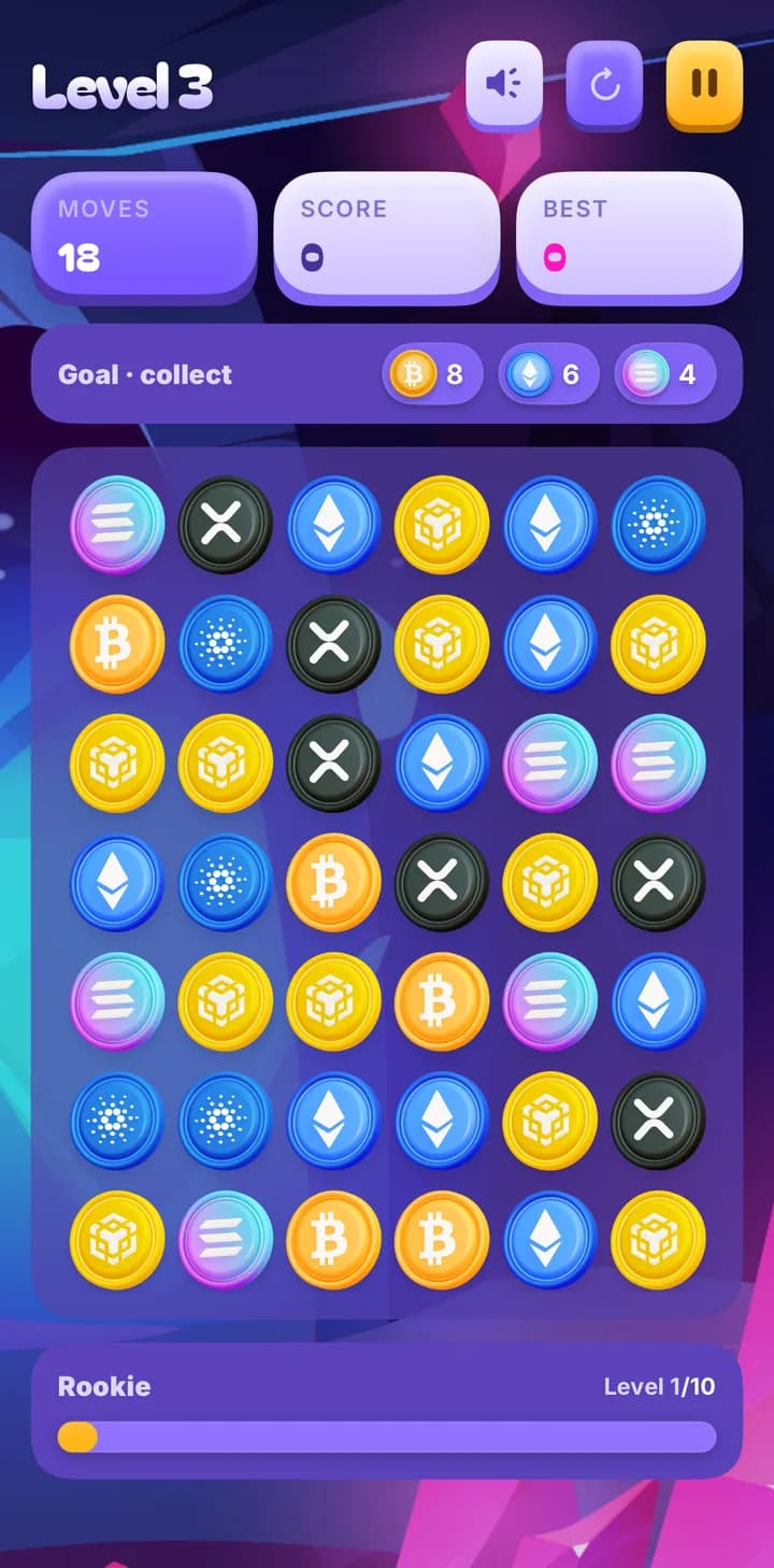 CryptoCrush iOS game board on level 3 — moves, score and best, a collect goal and a grid of crypto coins