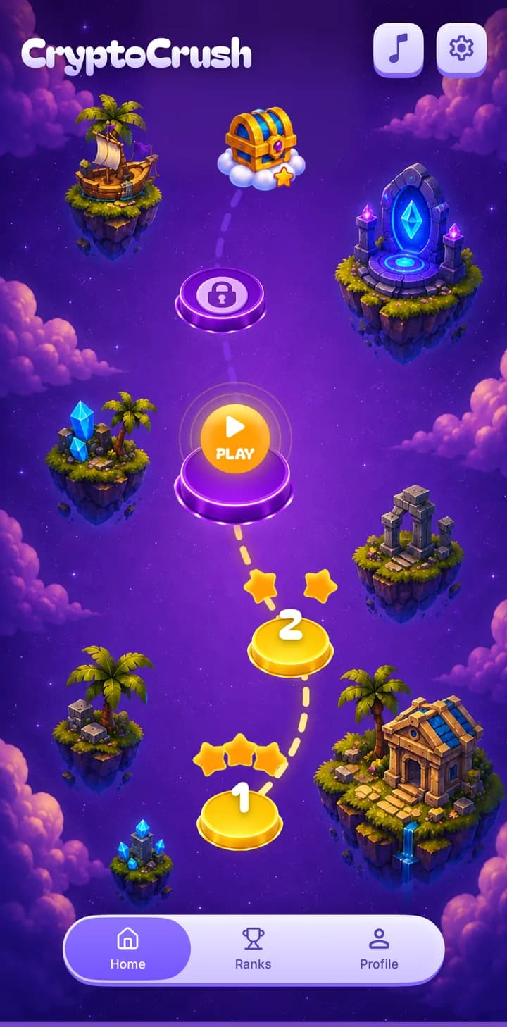 CryptoCrush iOS level map — a winding trail of level nodes between painted floating islands