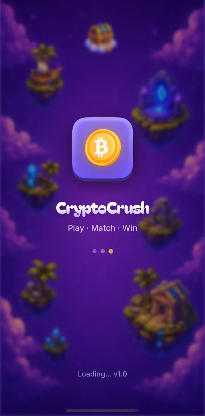 CryptoCrush iOS splash screen — the Bitcoin app icon and the Play · Match · Win line over floating islands