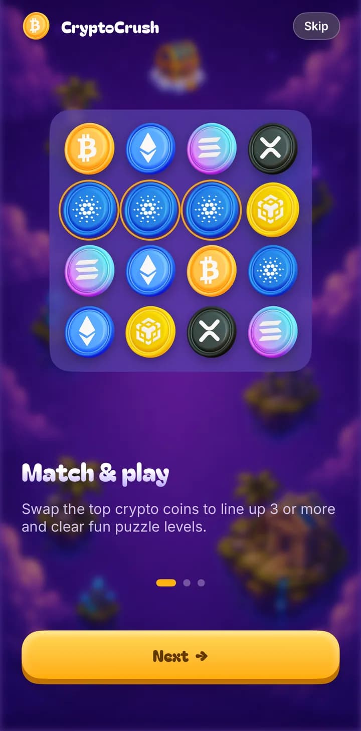 CryptoCrush iOS walkthrough — Match & play, swap the top crypto coins to line up 3 or more
