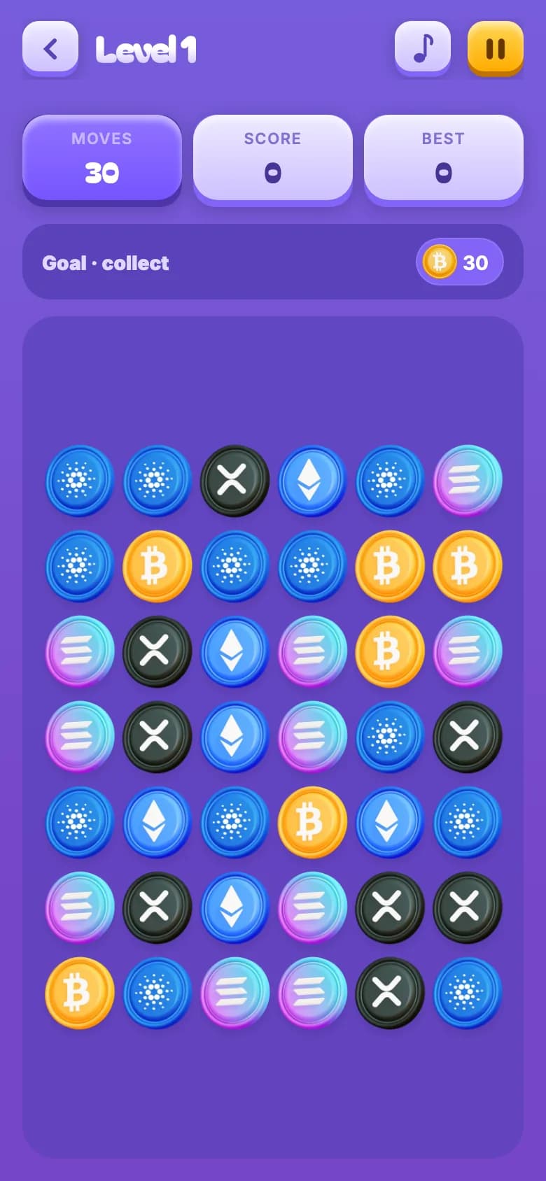 CryptoCrush Telegram Mini App level 1 — 30 moves, a goal to collect 30 Bitcoin and the coin board