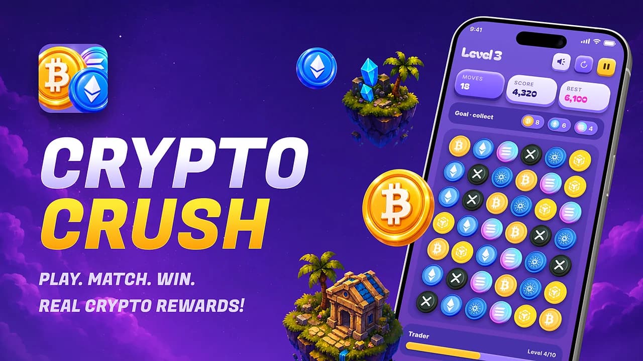 CryptoCrush launch card for the Telegram bot — the game's logo, floating islands and a phone showing a level 3 board of crypto coins