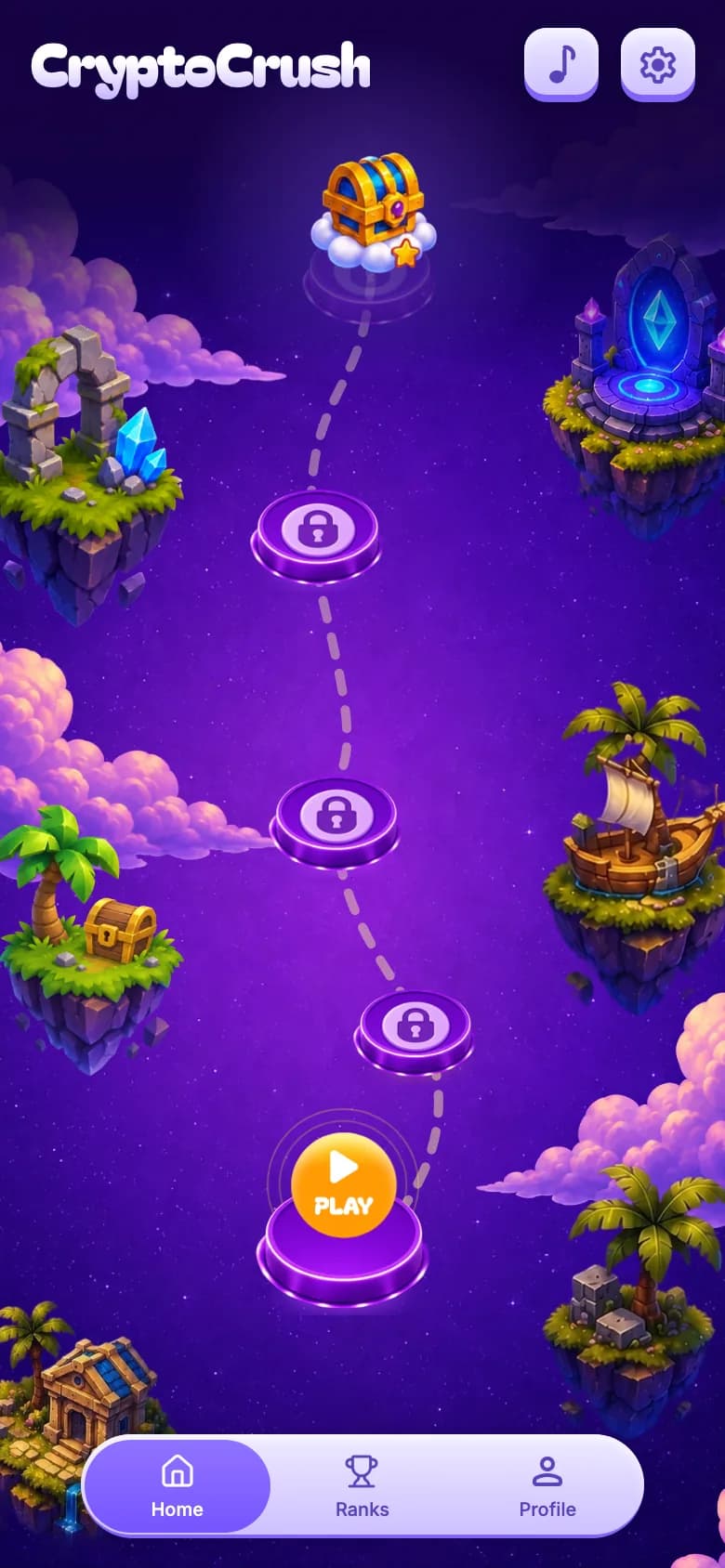 CryptoCrush Telegram Mini App level map — a Play button on level 1, locked levels up the trail and a treasure chest at the top