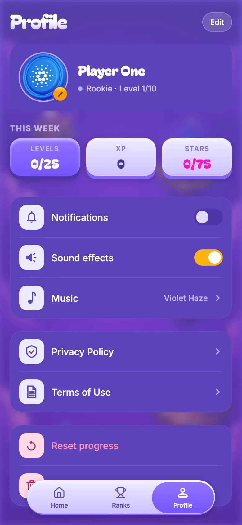 CryptoCrush Telegram Mini App profile — this week's levels, XP and stars, settings, music and legal links