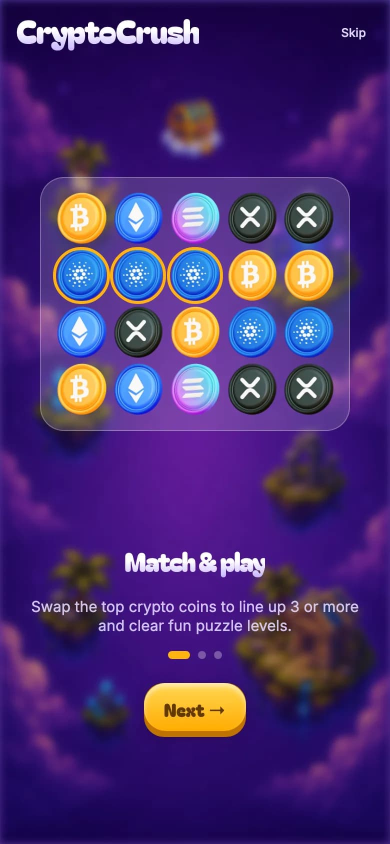 CryptoCrush Telegram Mini App walkthrough — Match & play with a sample row of three matched coins
