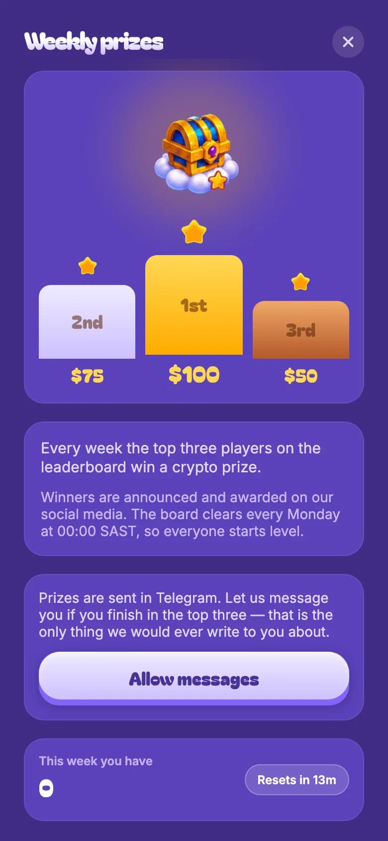 CryptoCrush Telegram Mini App weekly prizes sheet — podium for the top three and an Allow messages button