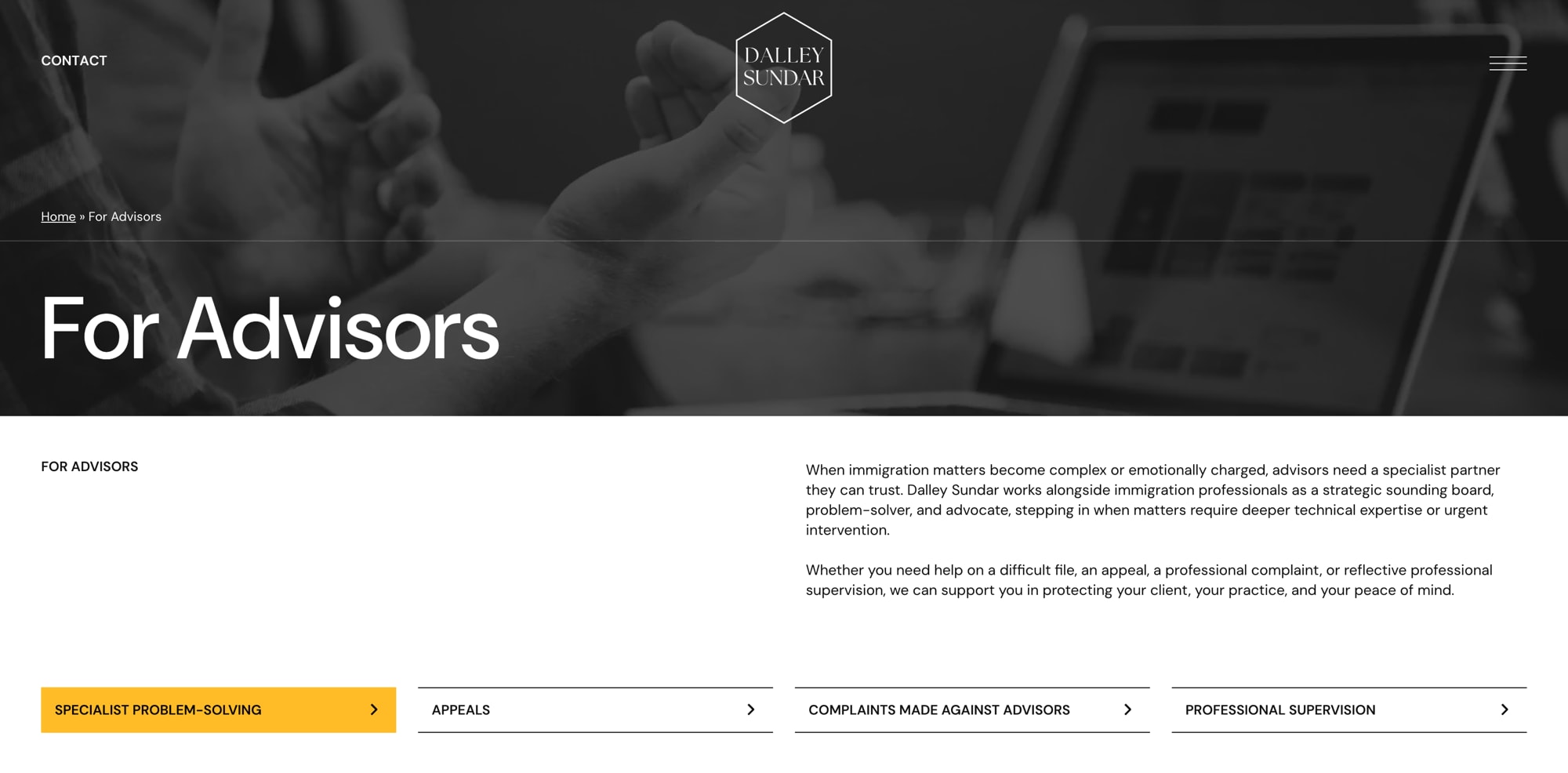 The For Advisors page built for Dalley Sundar: page hero, introduction and the four service tabs for specialist problem-solving, appeals, complaints against advisors and professional supervision