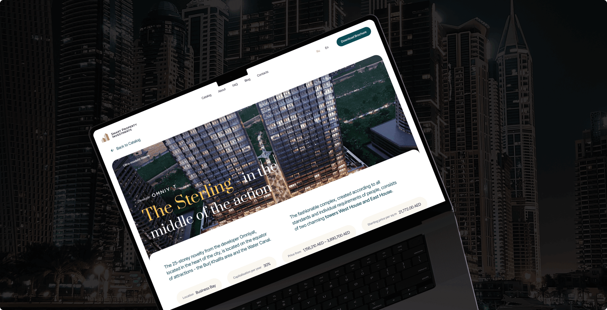 Dubai real estate agency website homepage and property cards