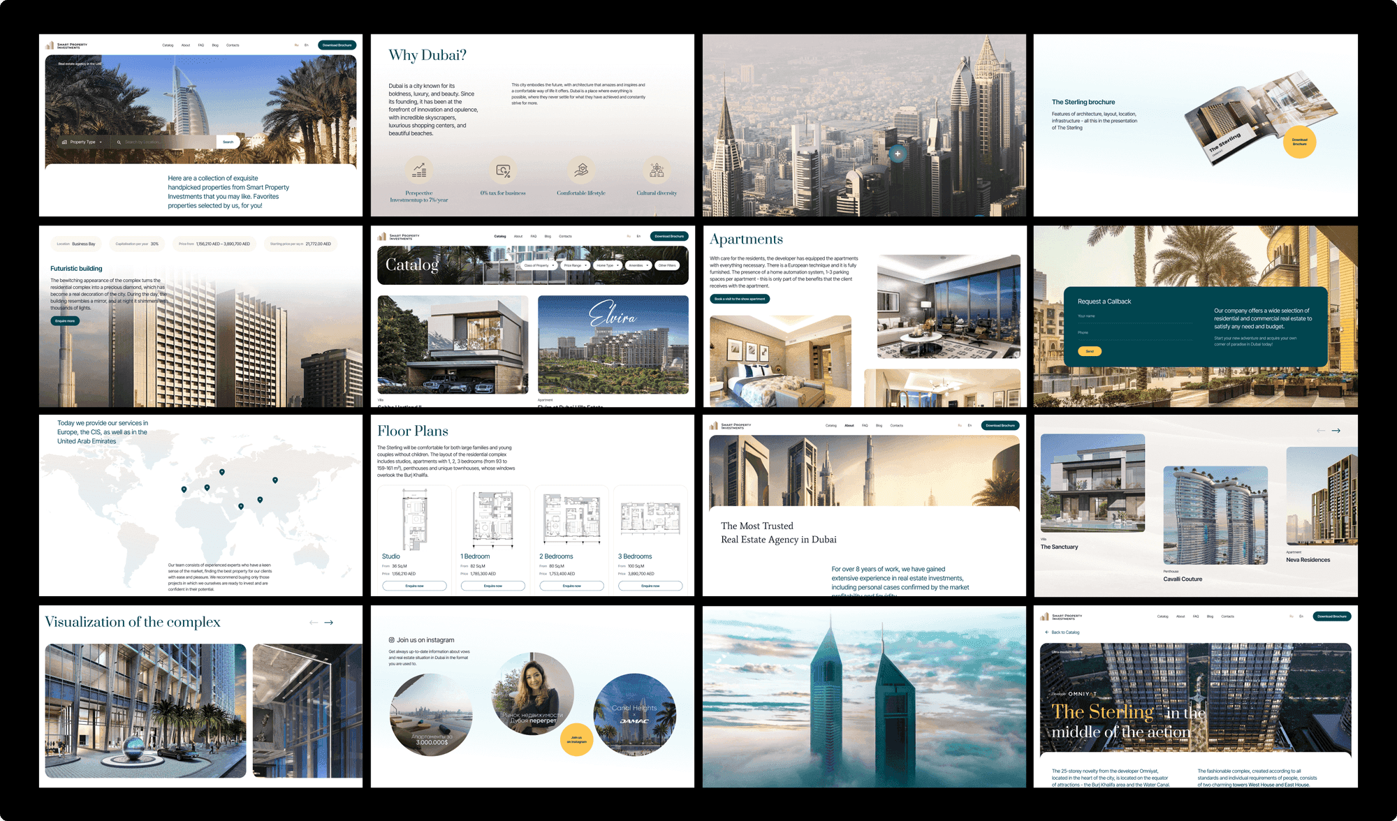 Dubai real estate website catalog and property page screens